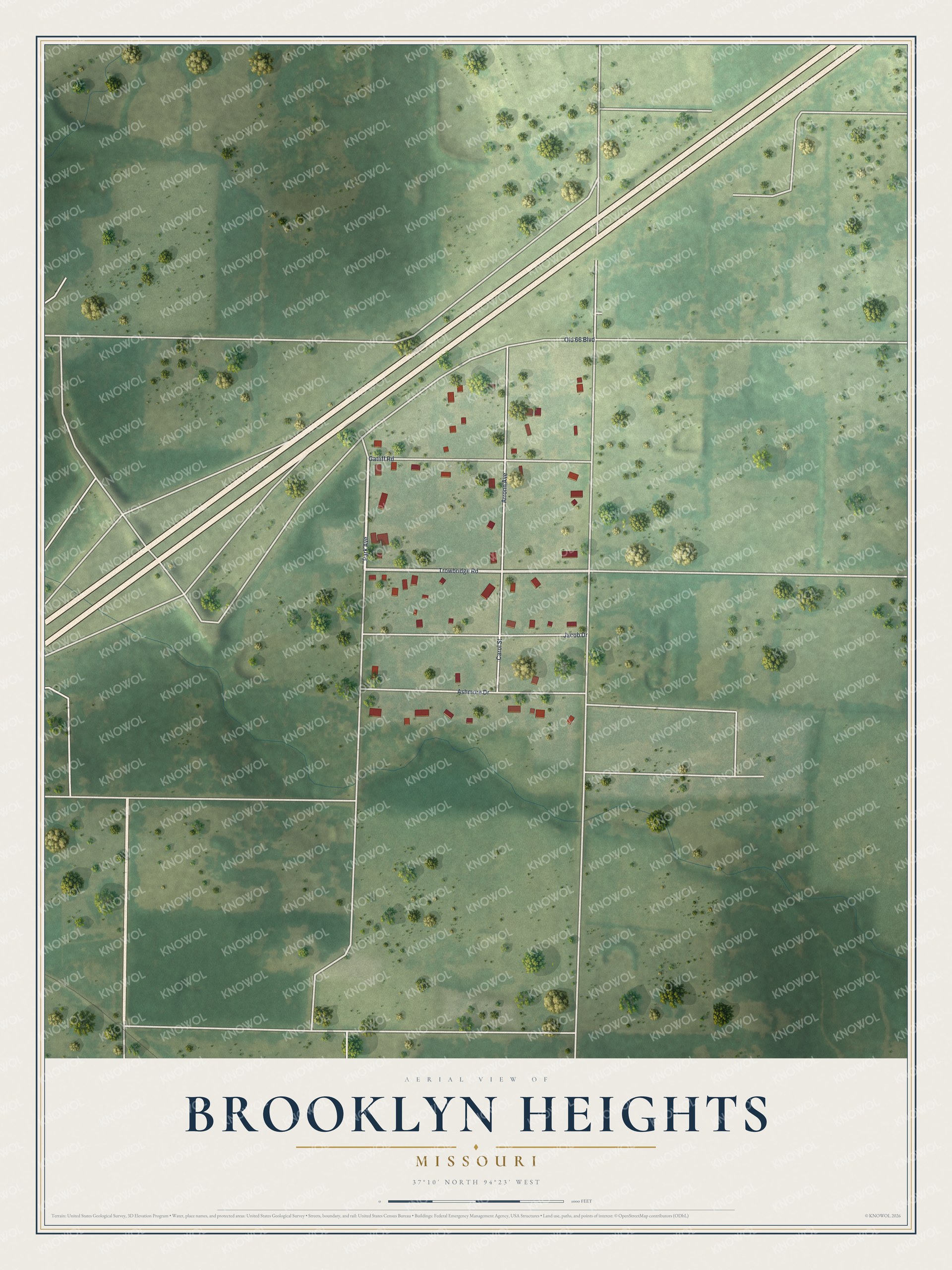 Full map of Brooklyn Heights, Missouri, with red buildings, printed street names and the land around them
