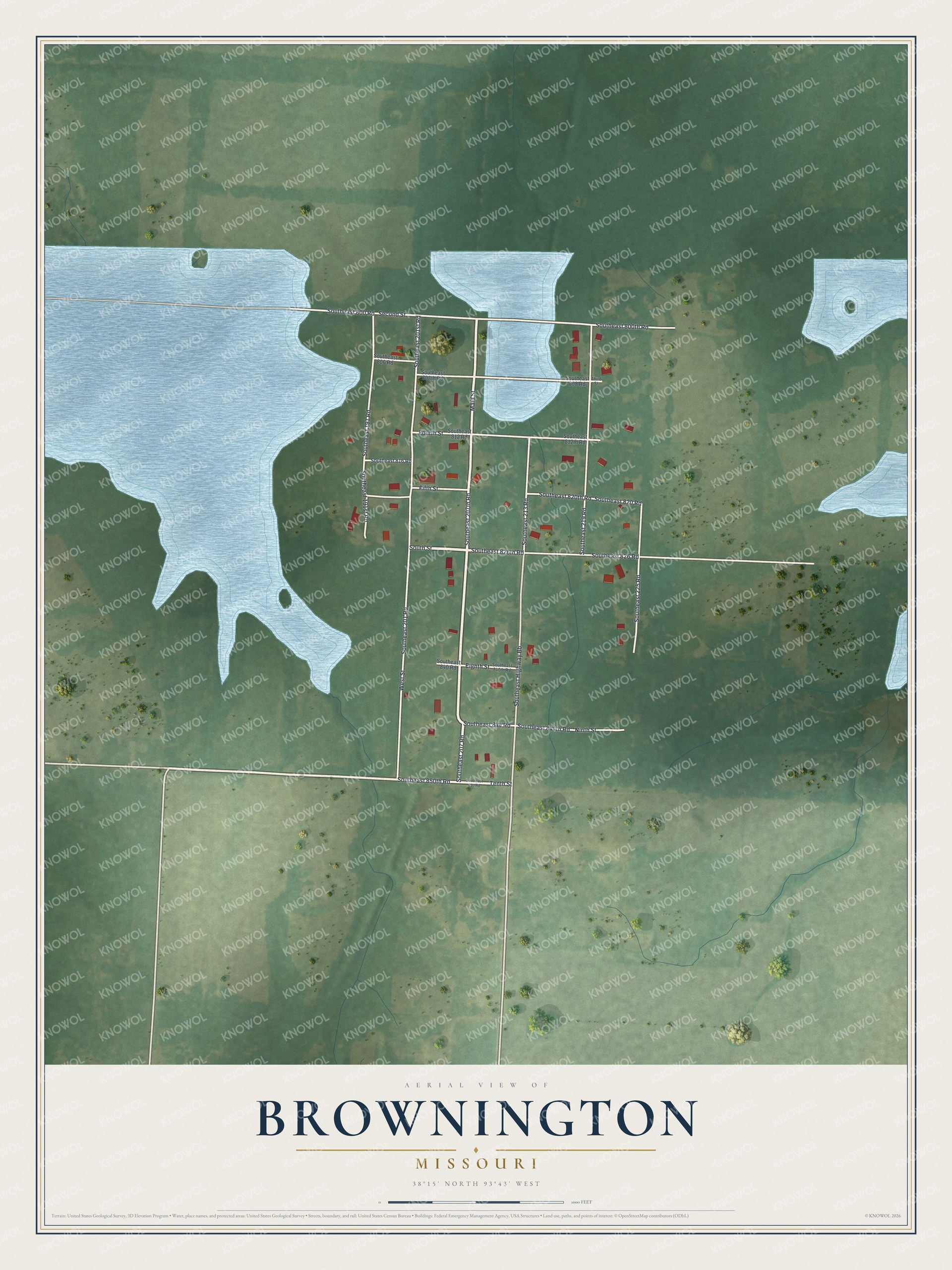 Full map of Brownington, Missouri, with red buildings, printed street names and the land around them