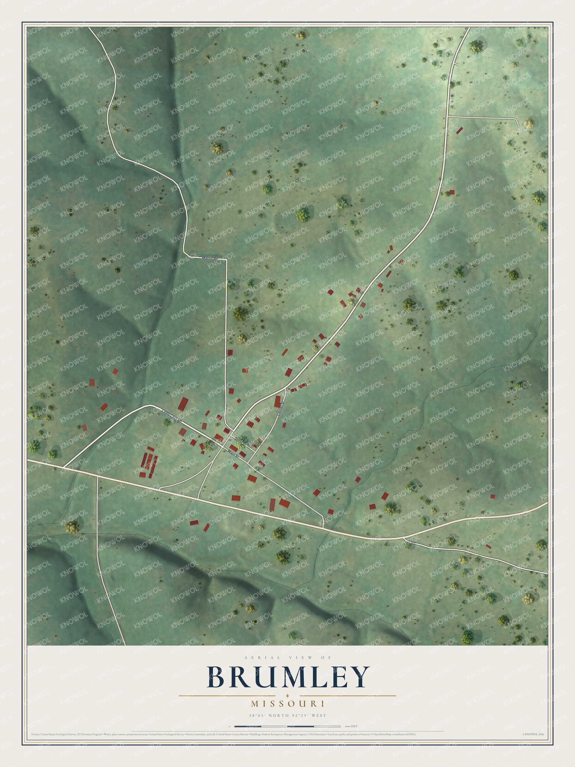 Full map of Brumley, Missouri, with red buildings, printed street names and the land around them