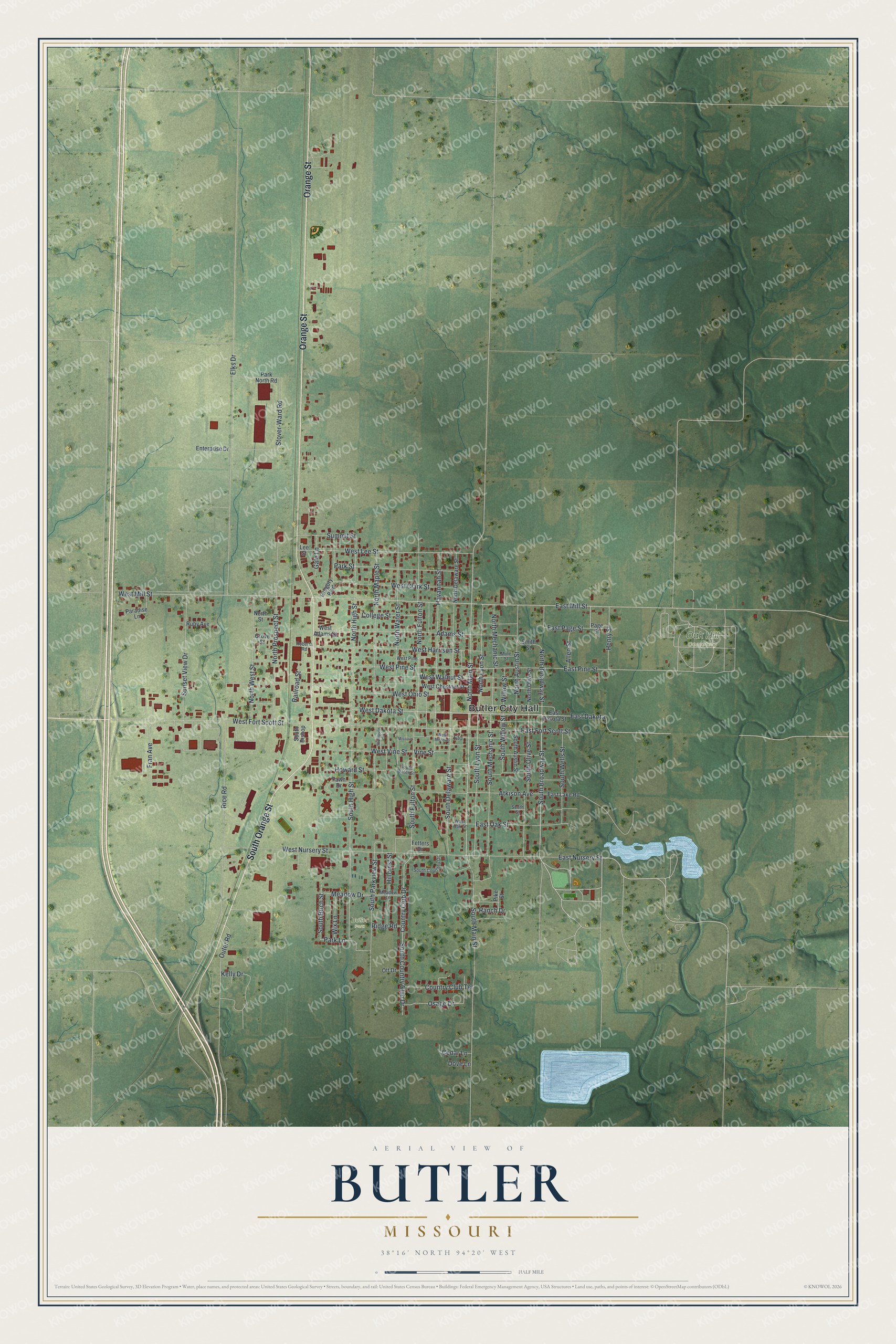Full aerial map of Butler, Missouri, with red buildings, green fields, blue water, and a cream title panel