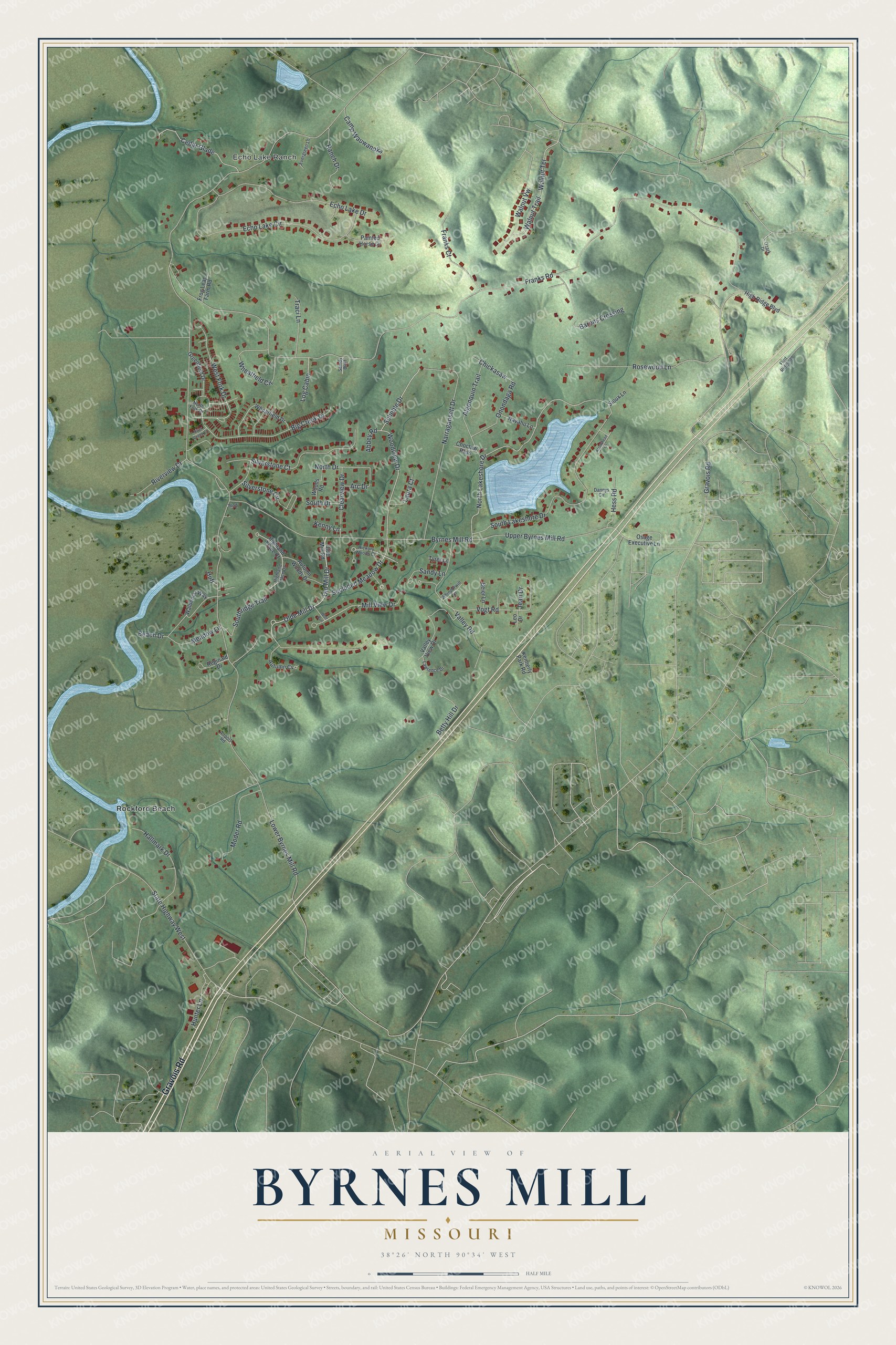 Full map of Byrnes Mill, Missouri, with red buildings, printed street names and the land around them