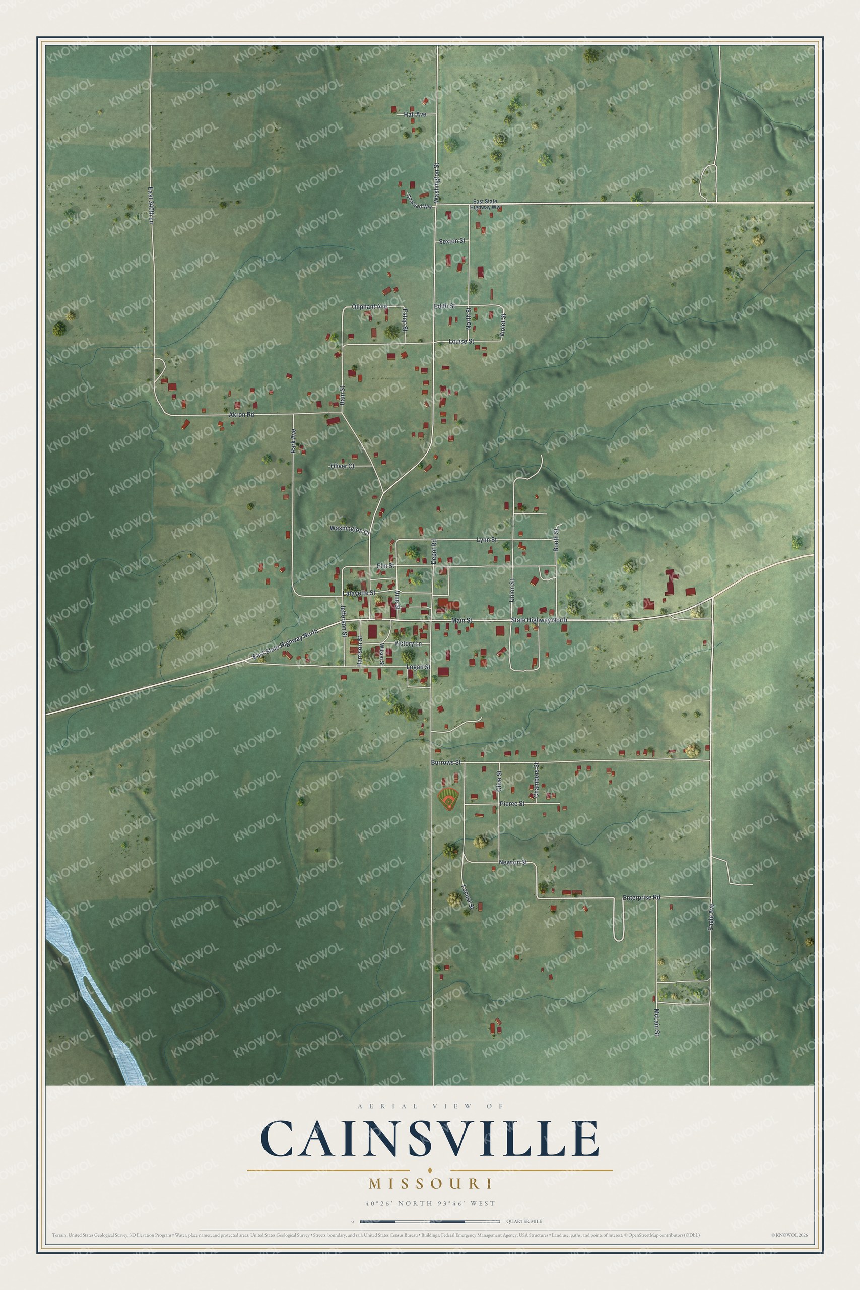 Full map of Cainsville, Missouri, with red buildings, printed street names and the land around them