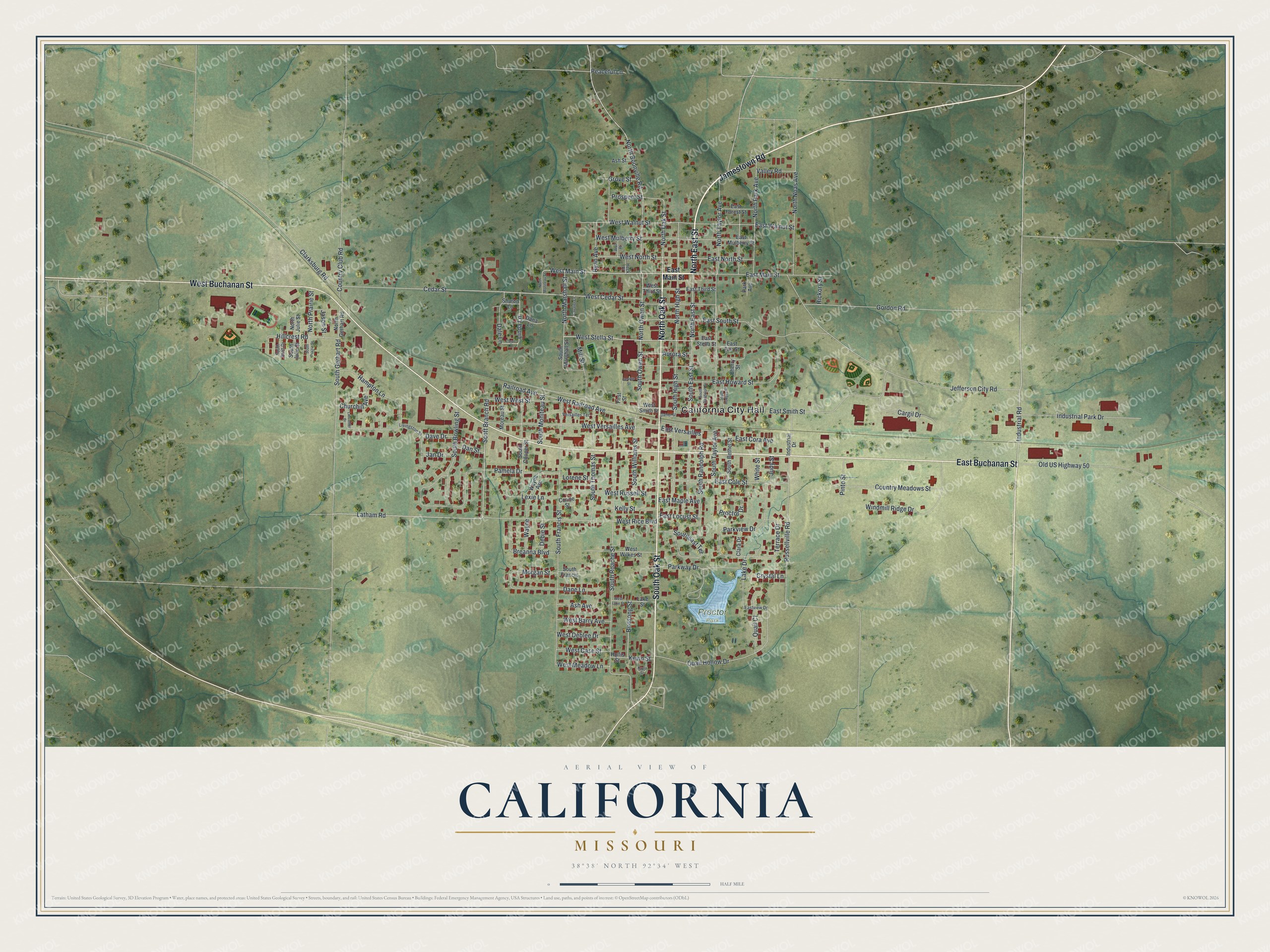 Aerial-style map of California, Missouri, with red buildings in the center, white roads and green shaded hills all around