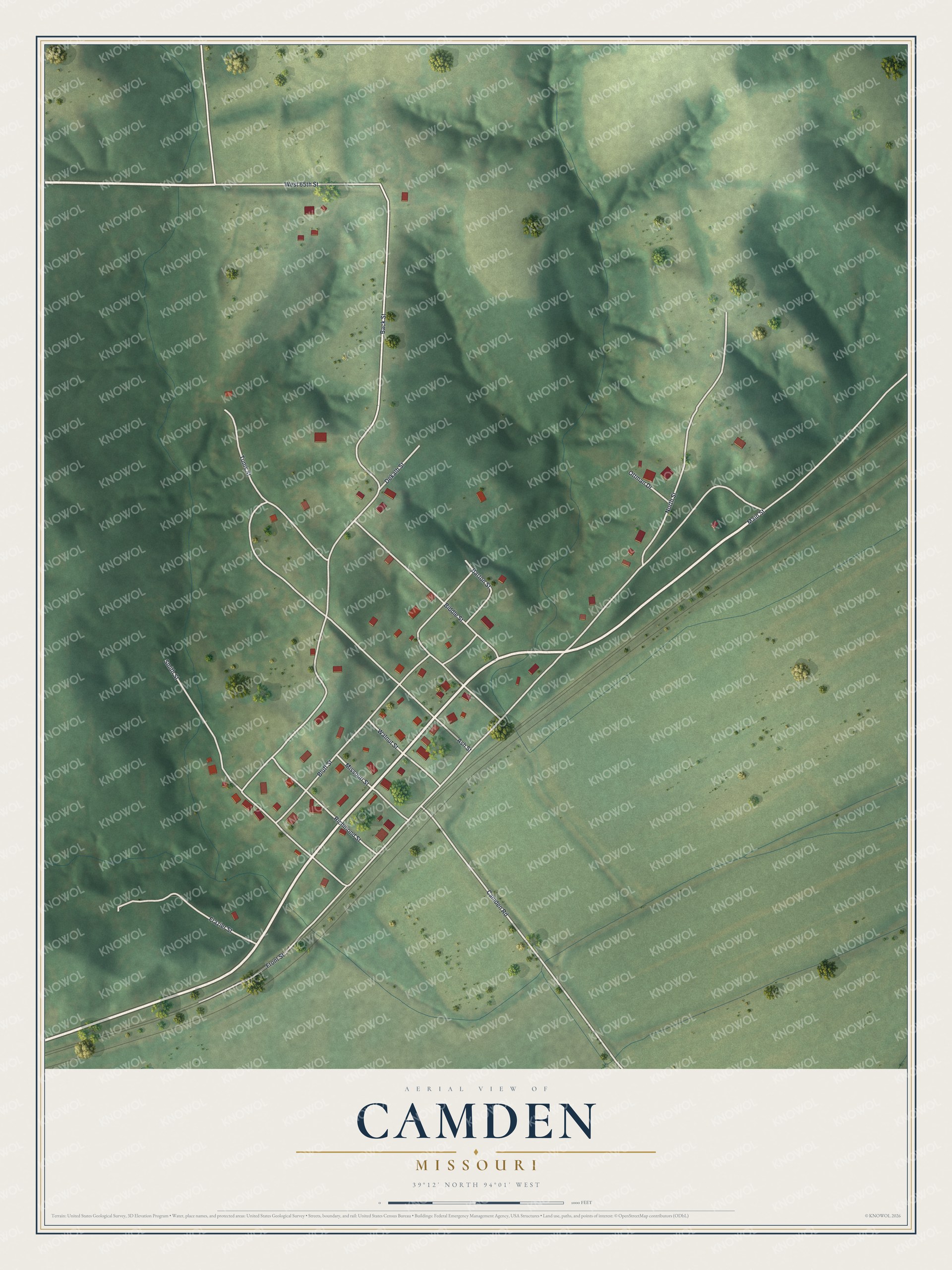 Full map of Camden, Missouri, with red buildings, printed street names and the land around them