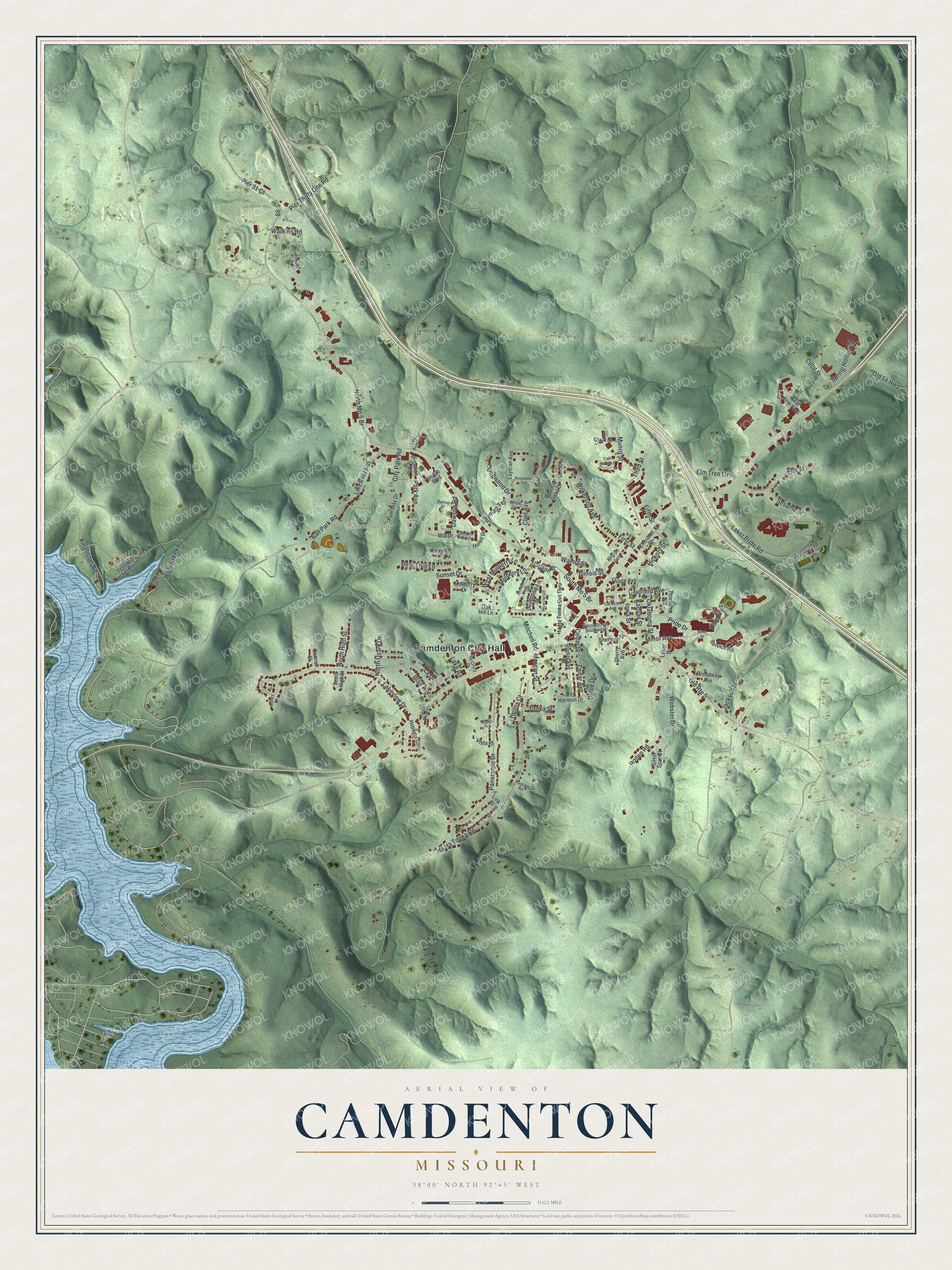 Full map of Camdenton, Missouri, with red buildings, printed street names and the land around them