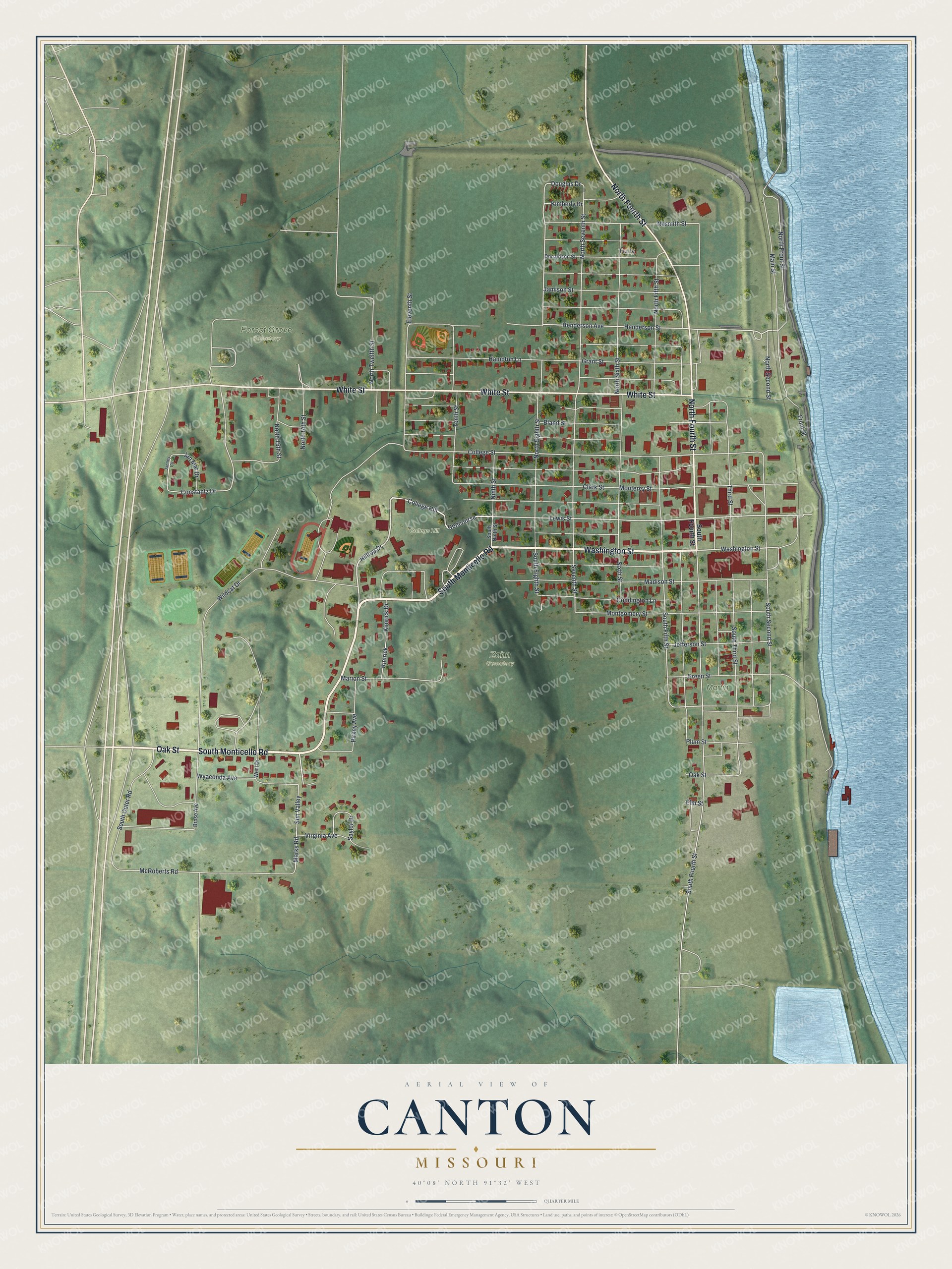 Full aerial map of Canton, Missouri, with red buildings, green hills, a broad blue river and a cream title panel