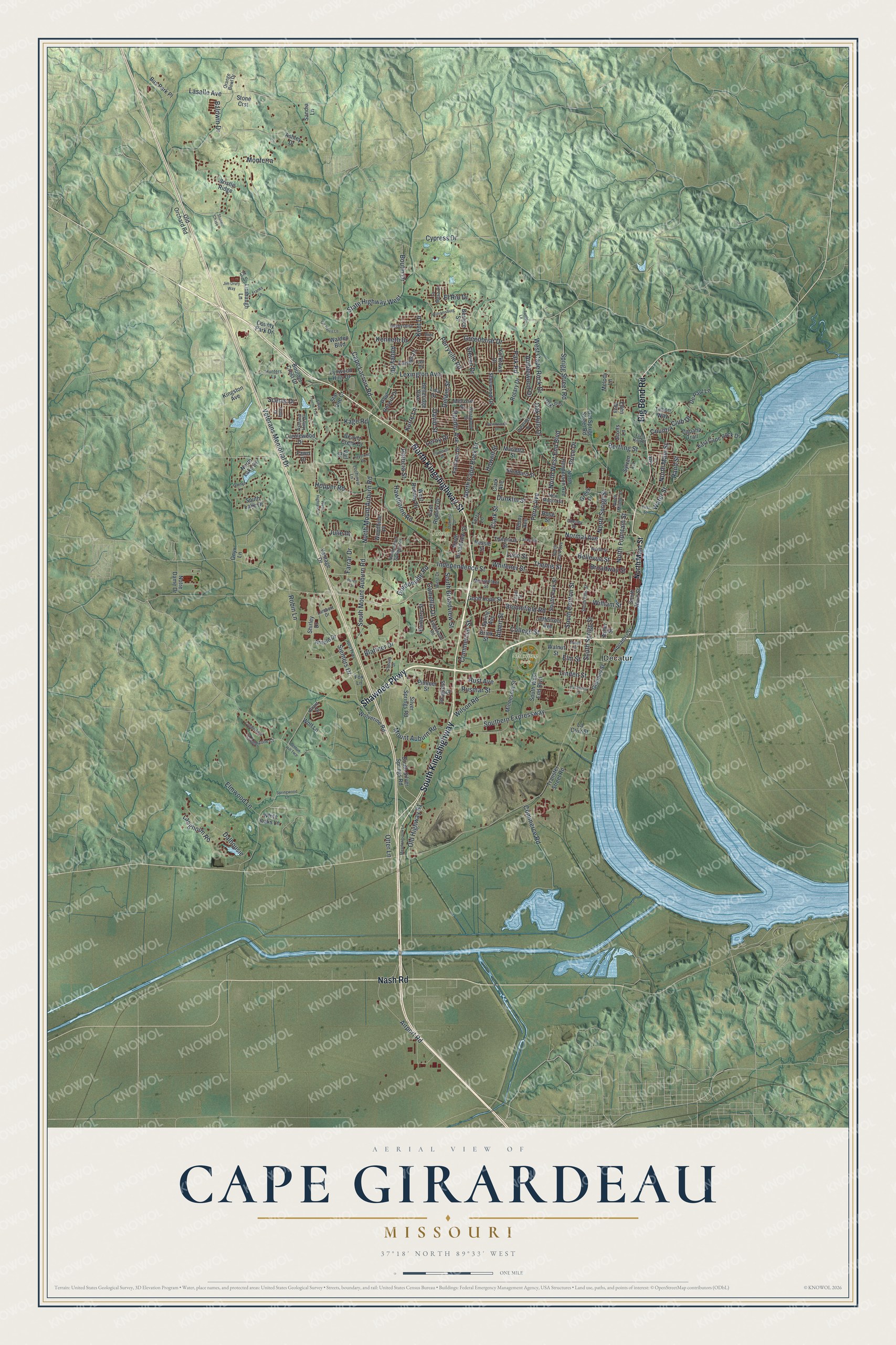 Full Cape Girardeau map with red buildings beside a winding blue river, green shaded hills, and a cream title panel