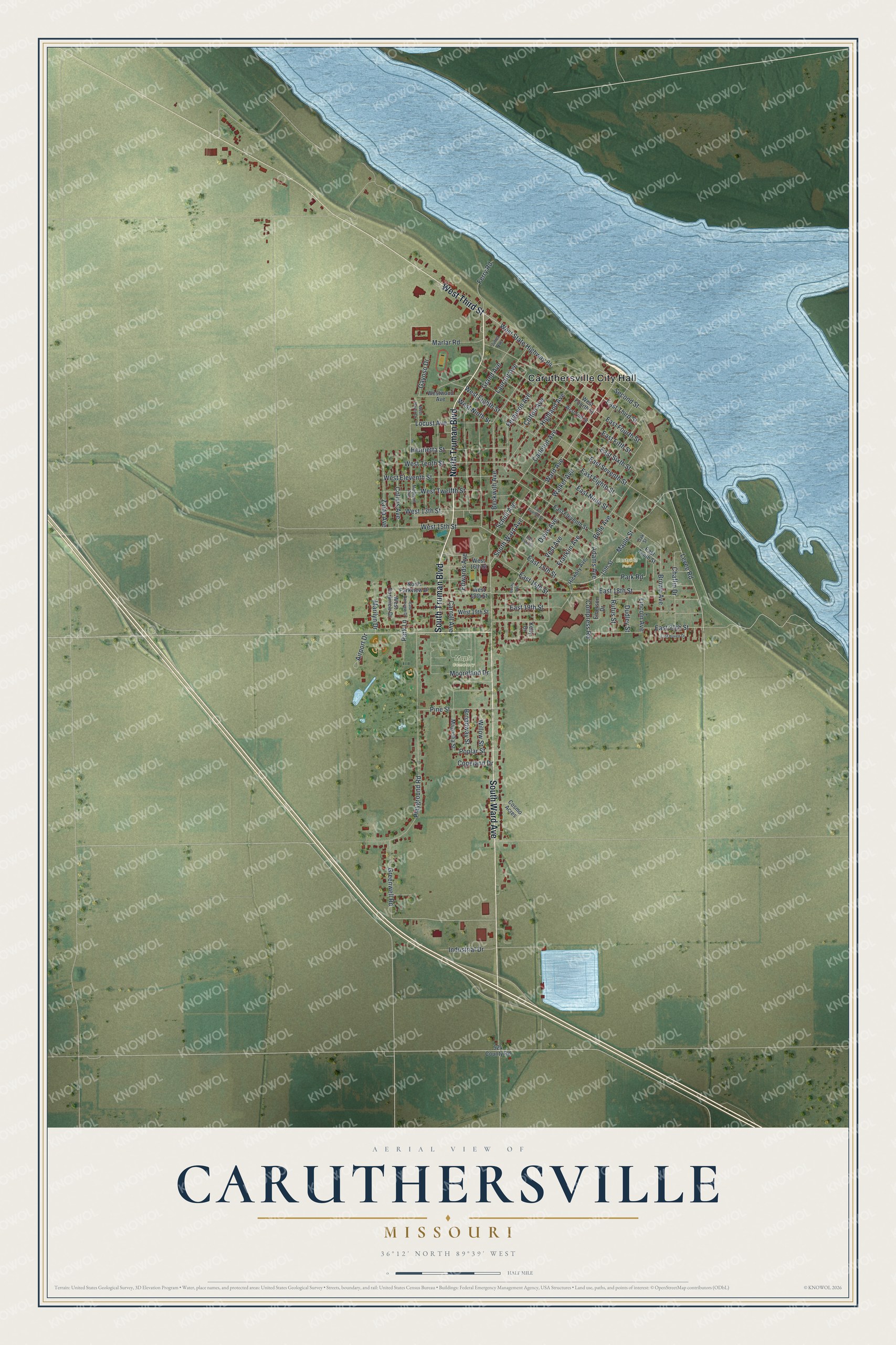 Full Caruthersville map with red buildings, green fields, a broad blue river and a cream title panel below