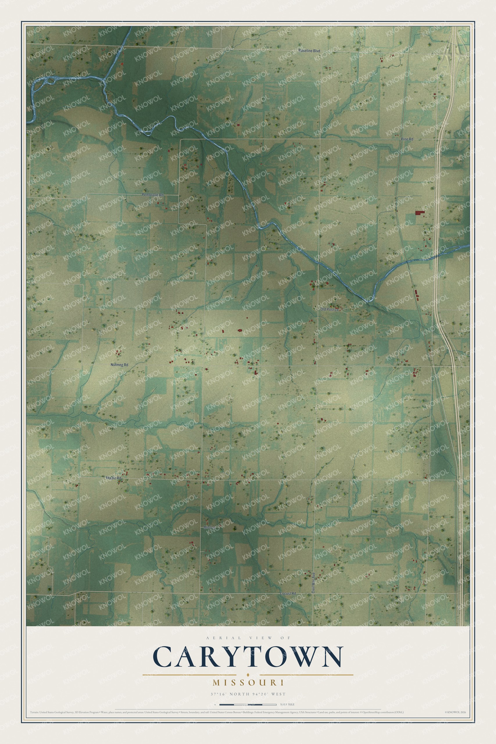 Full map of Carytown, Missouri, with red buildings, printed street names and the land around them