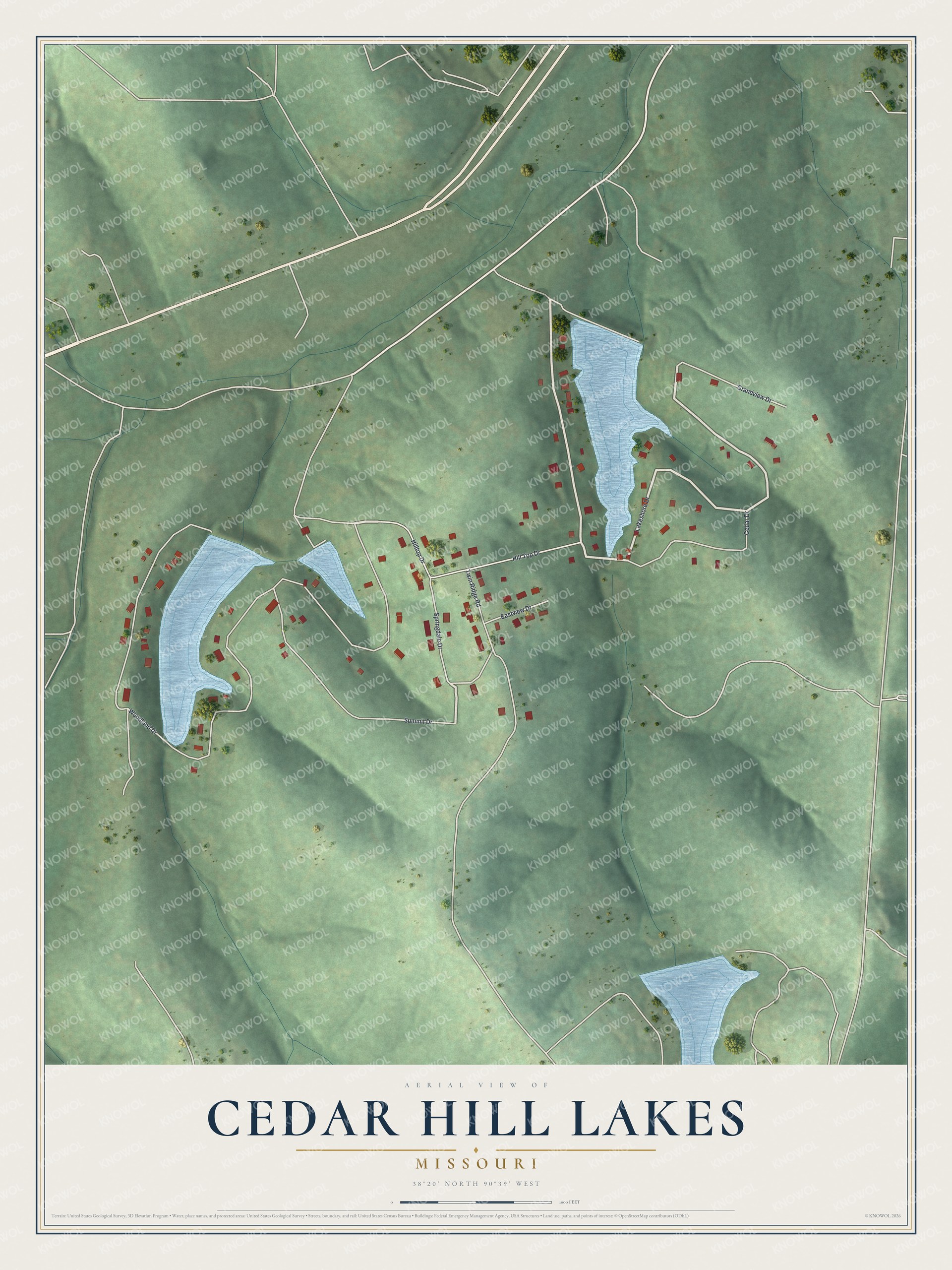Full map of Cedar Hill Lakes, Missouri, with red buildings, printed street names and the land around them