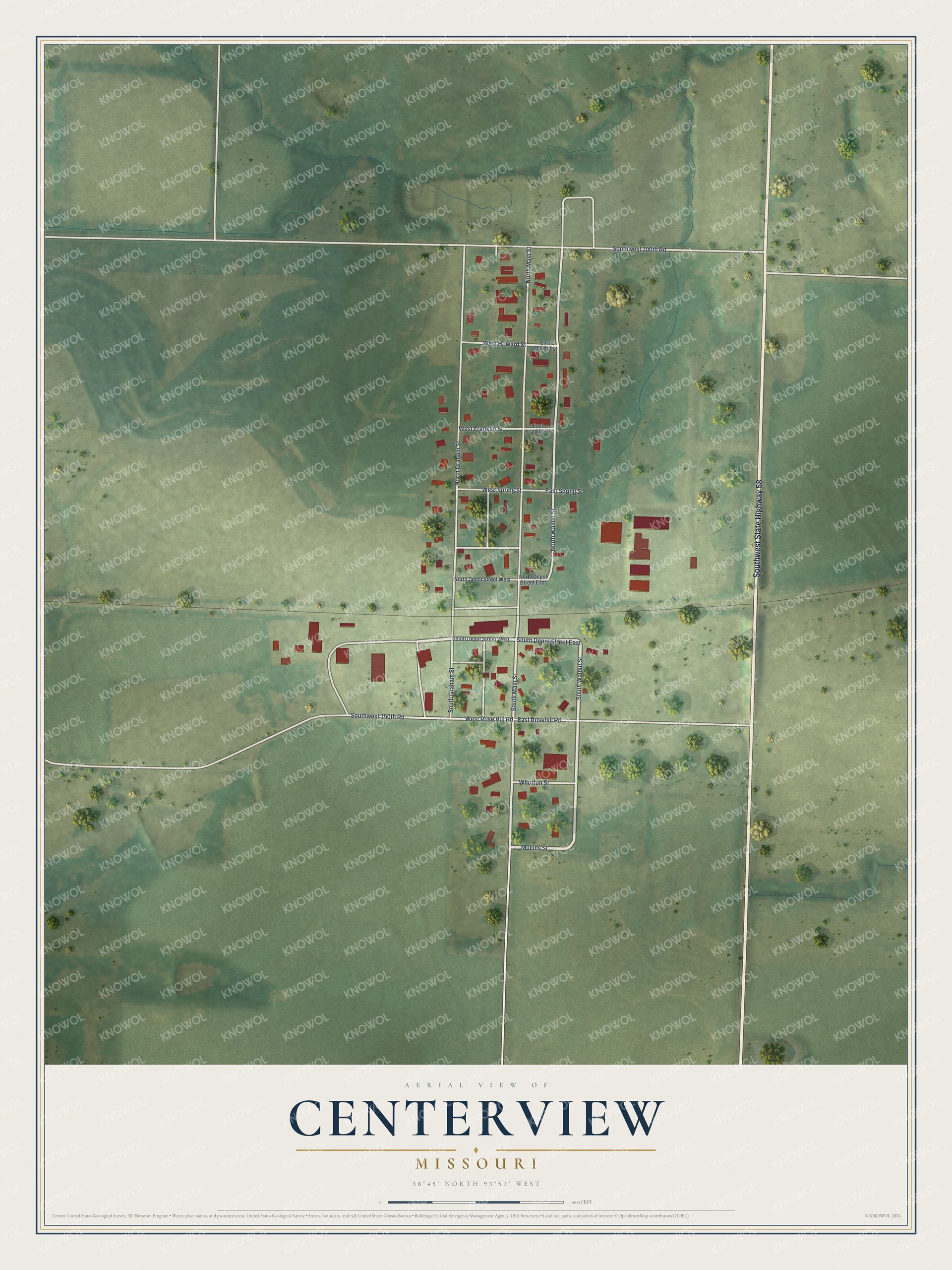 Full map of Centerview, Missouri, with red buildings, printed street names and the land around them