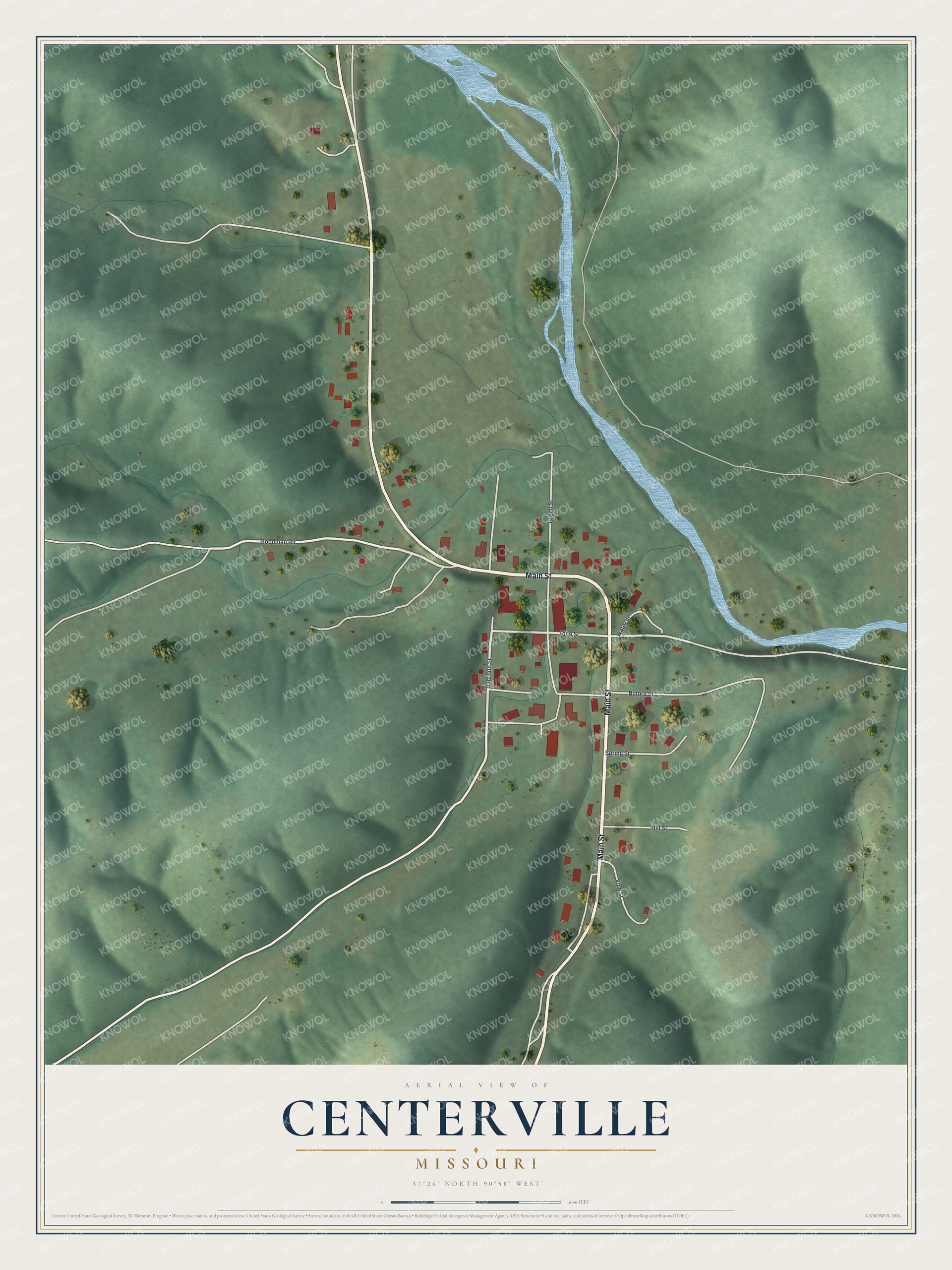 Full map of Centerville, Missouri, with red buildings, printed street names and the land around them