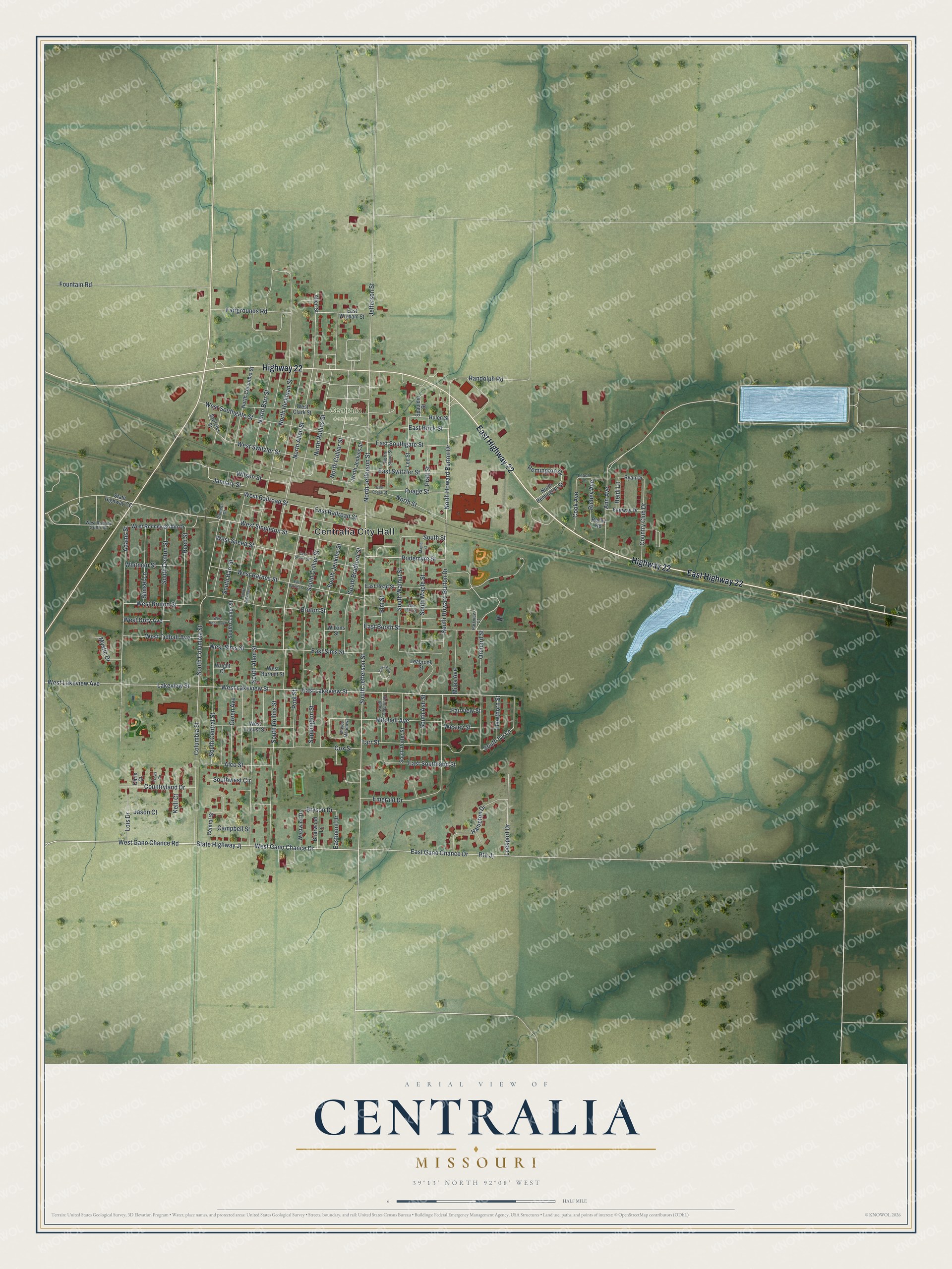 Full aerial map of Centralia, Missouri, with red buildings, a pale street grid, green fields, blue water and a cream title panel