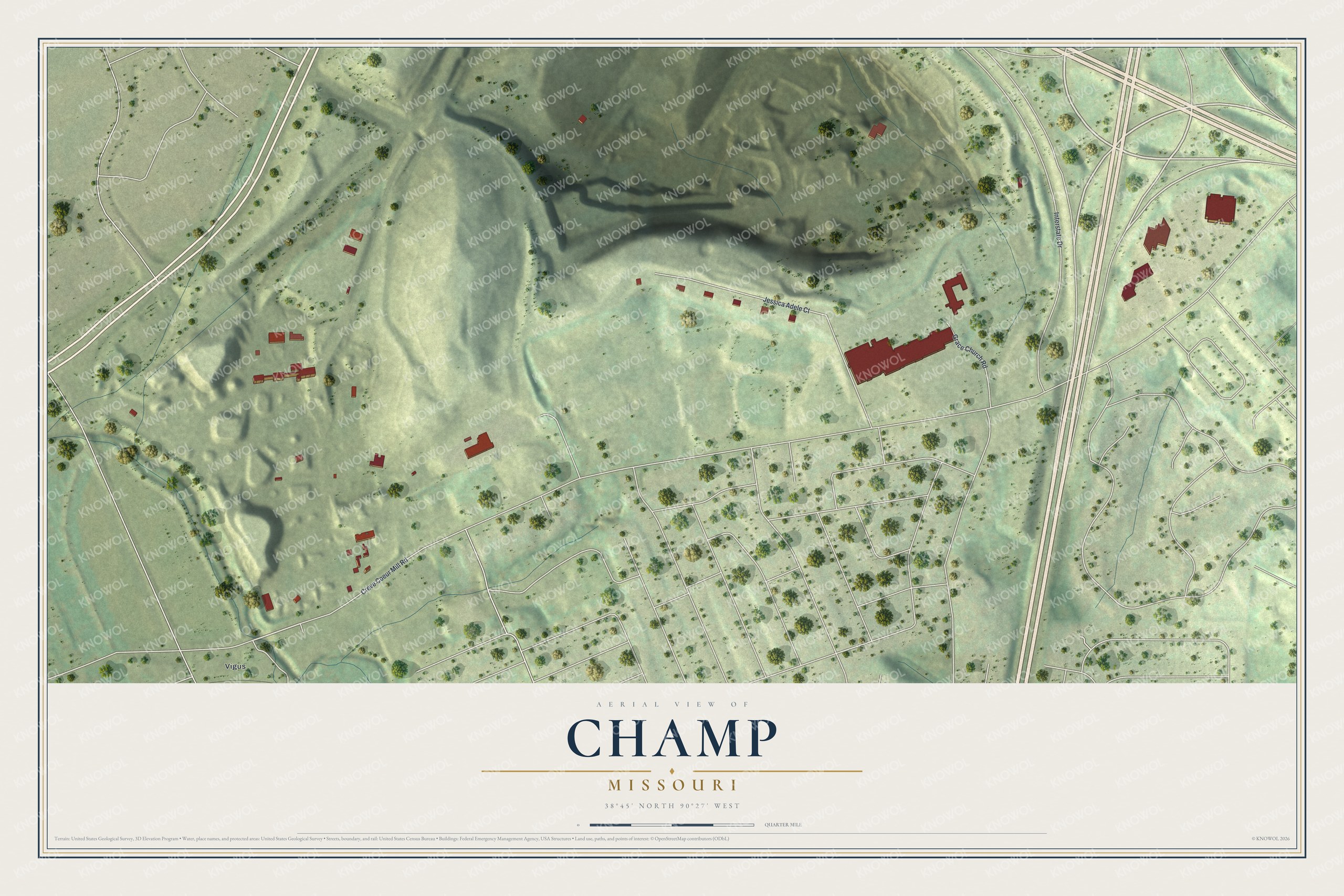 Full map of Champ, Missouri, with red buildings, printed street names and the land around them
