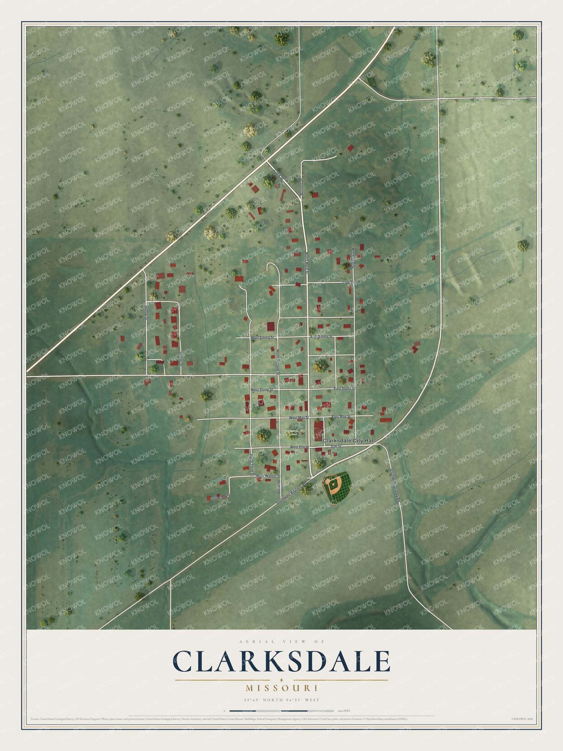 Aerial map of Clarksdale, Missouri with a small street grid, red buildings and green farm fields