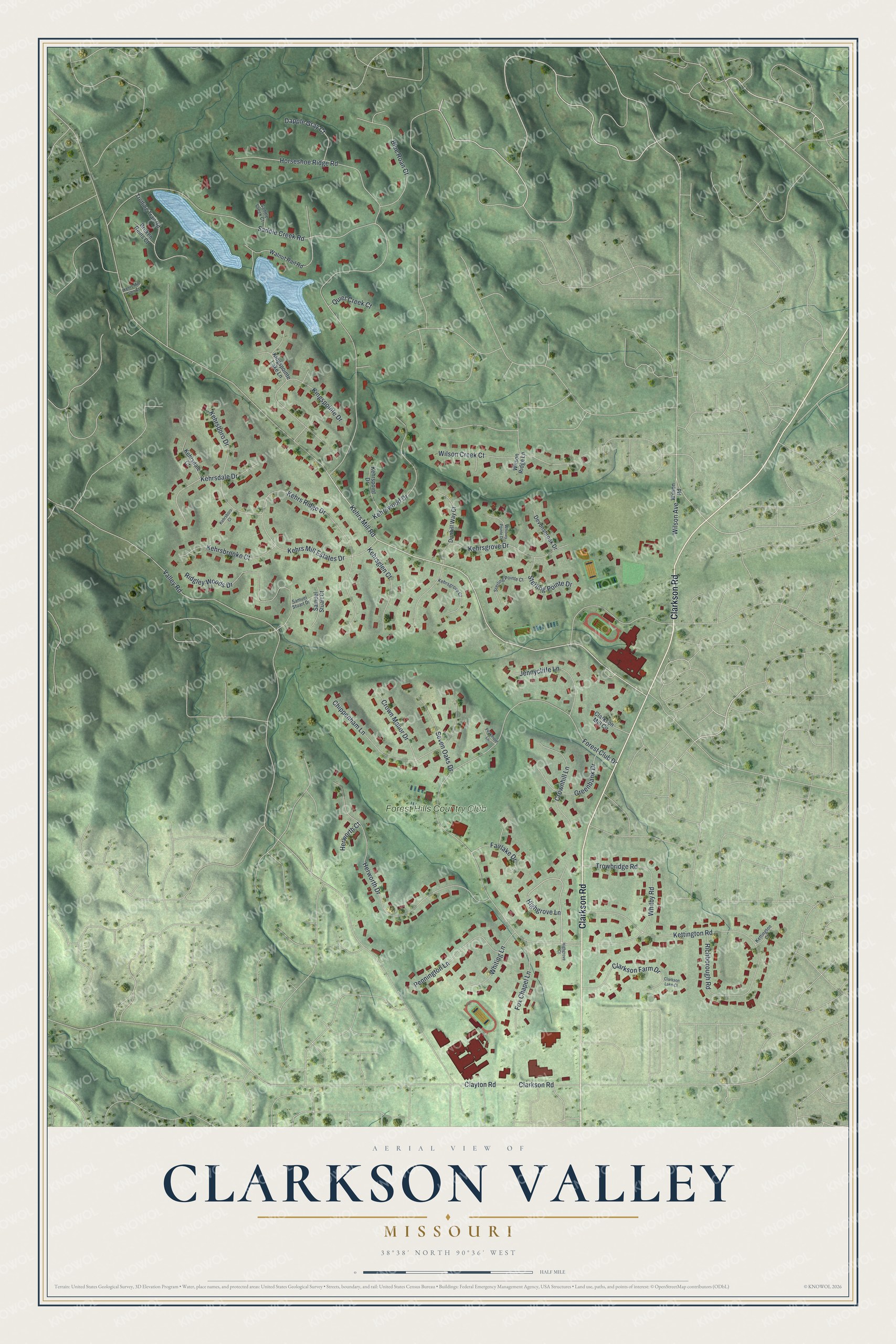 Full map of Clarkson Valley, Missouri, with red buildings, printed street names and the land around them