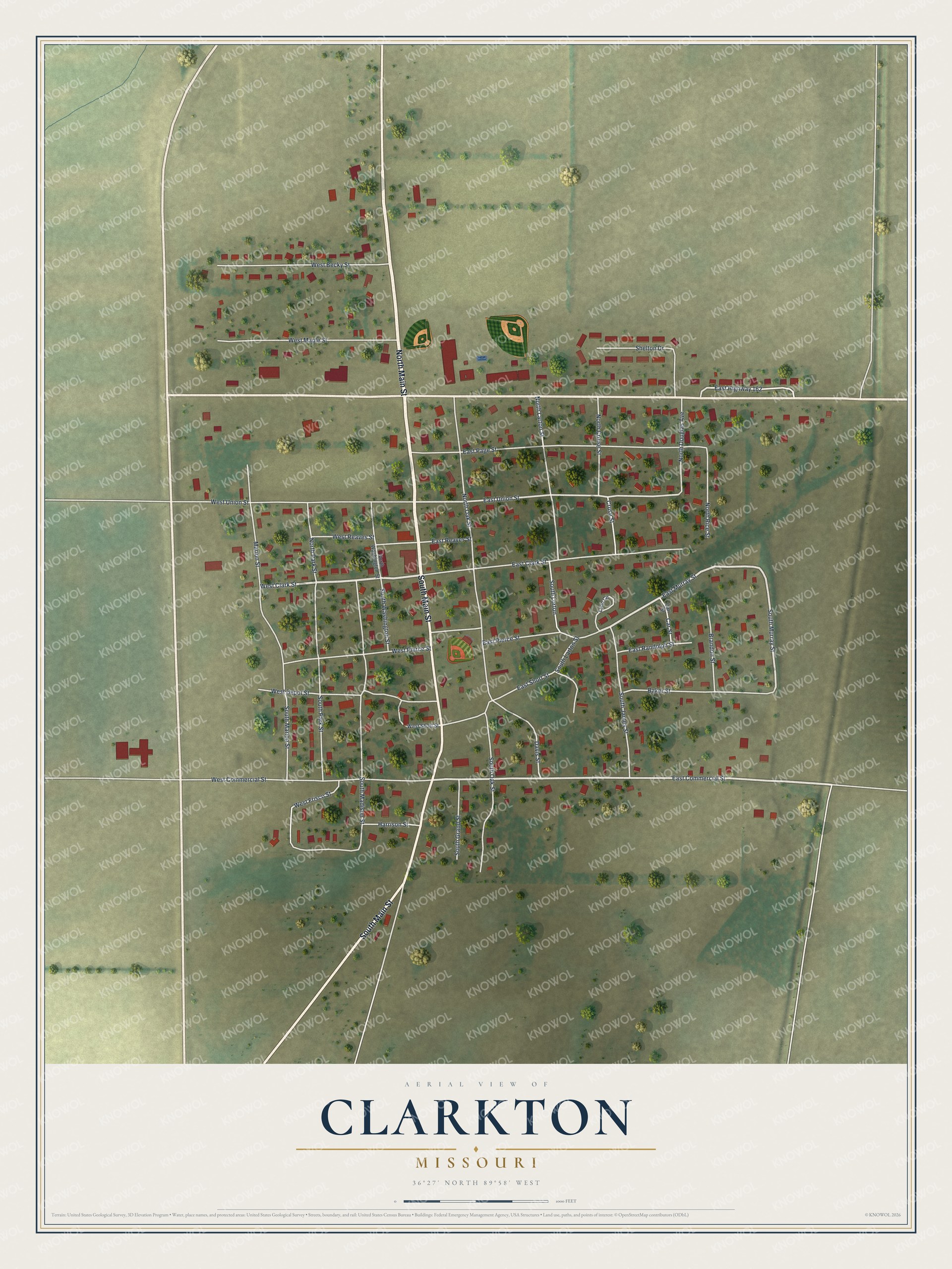 Full Clarkton, Missouri map with red buildings, pale streets, green fields, ball fields, and a cream title panel