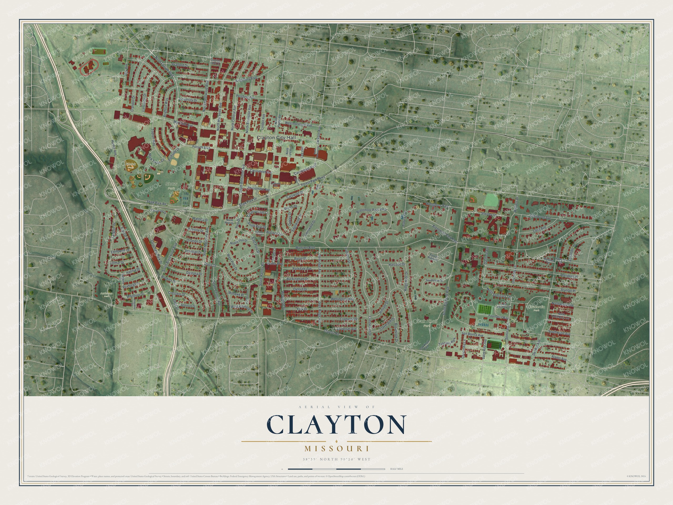 Watermarked full-map preview of Clayton, Missouri