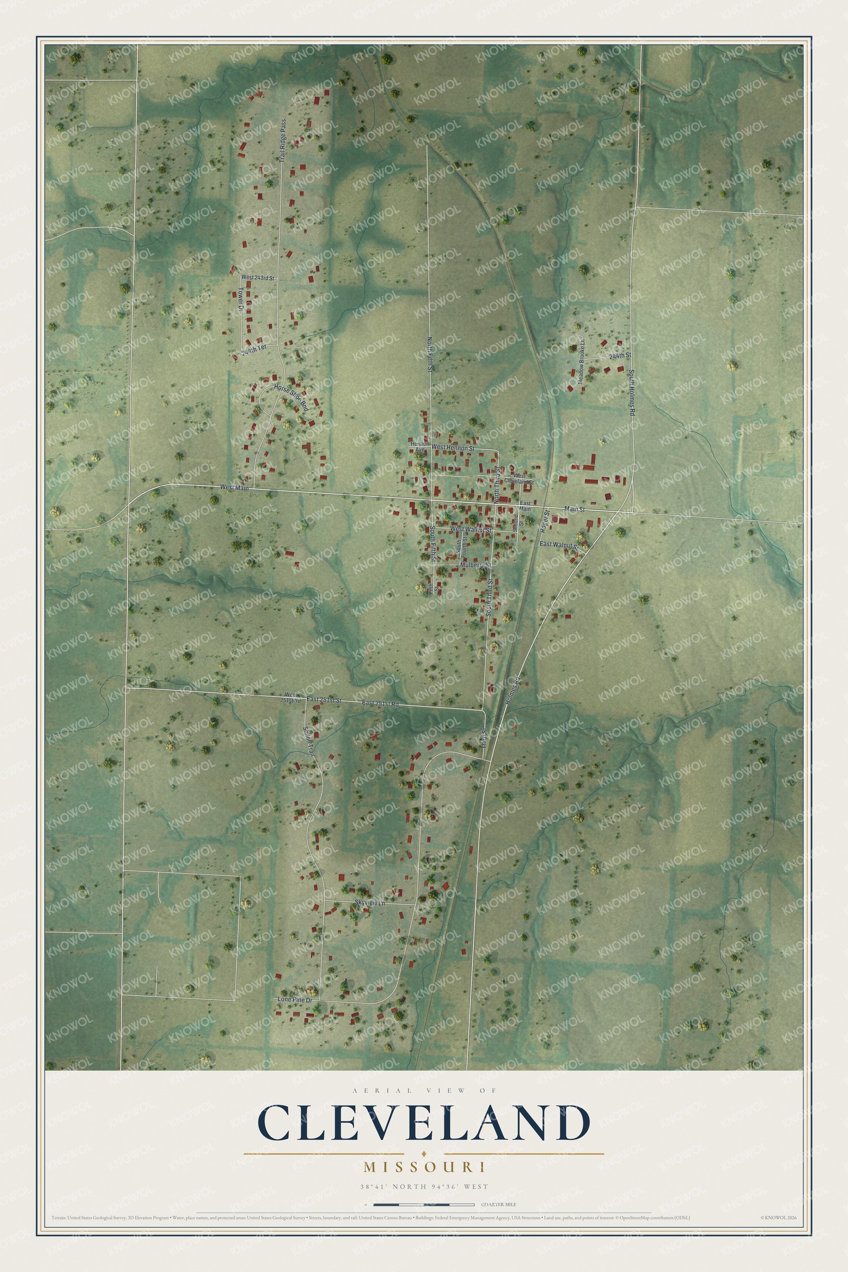 Full map of Cleveland, Missouri, with red buildings, printed street names and the land around them