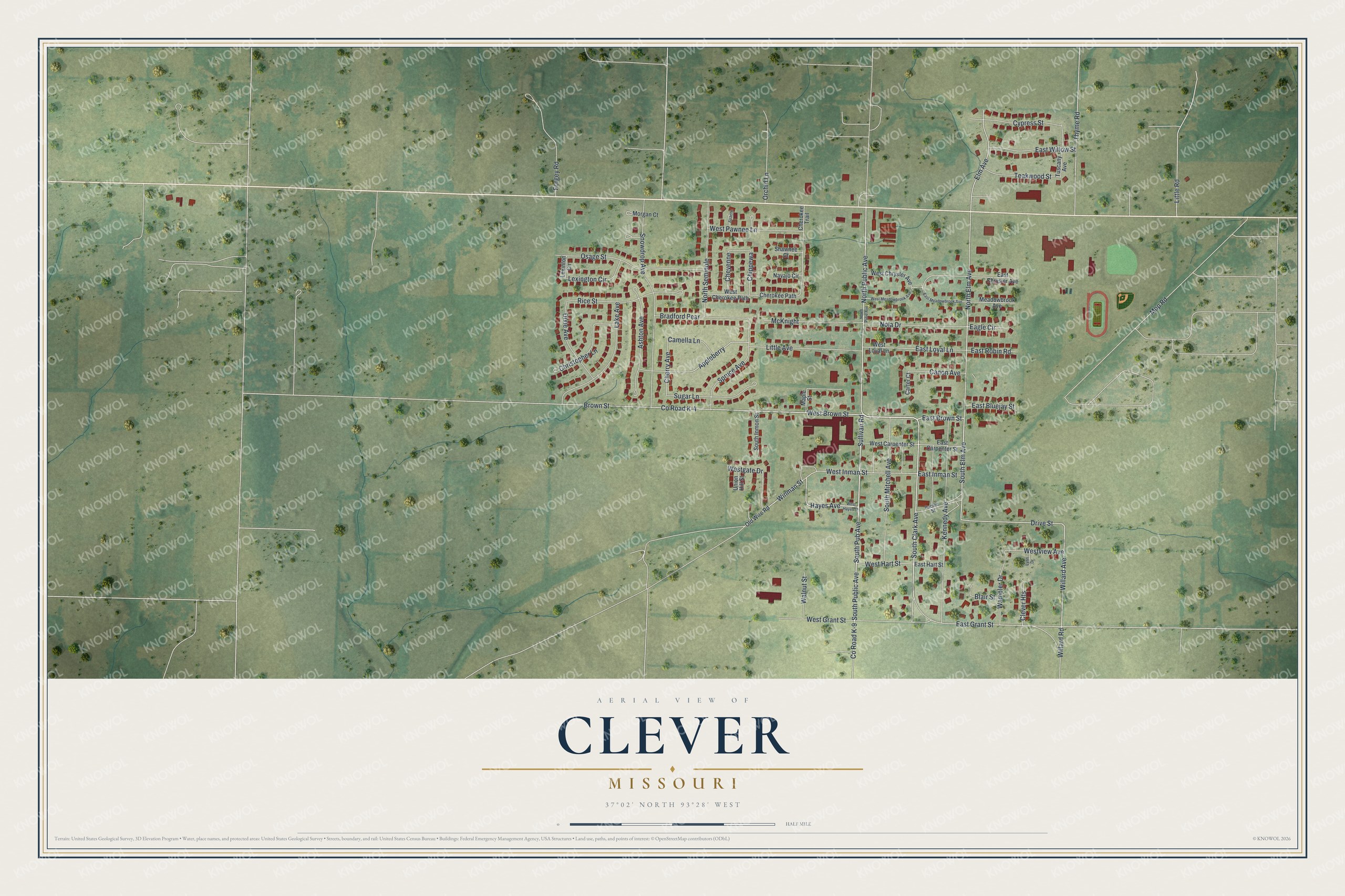 Full map of Clever, Missouri, with red buildings, printed street names and the land around them