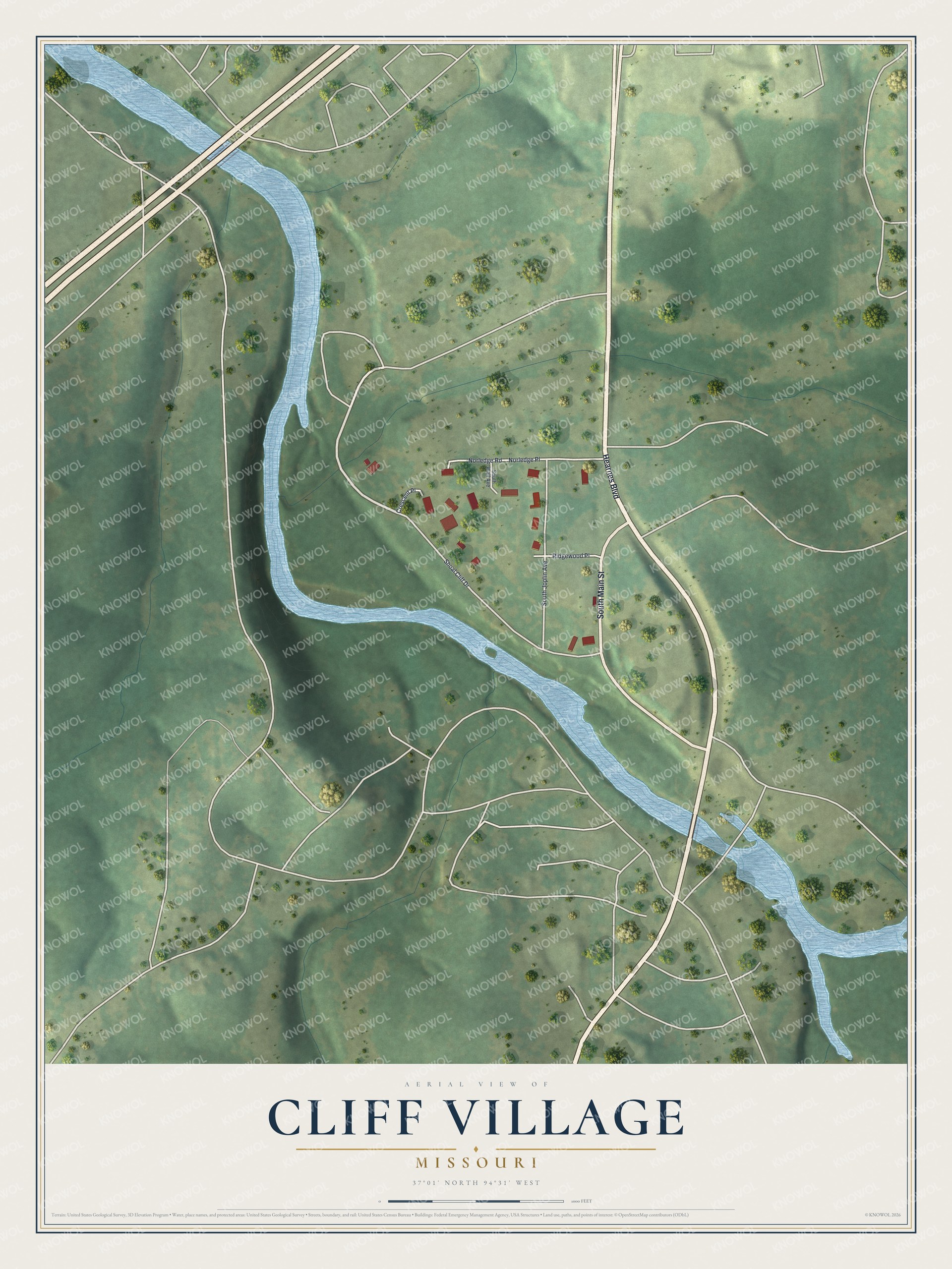 Full map of Cliff Village, Missouri, with red buildings, printed street names and the land around them