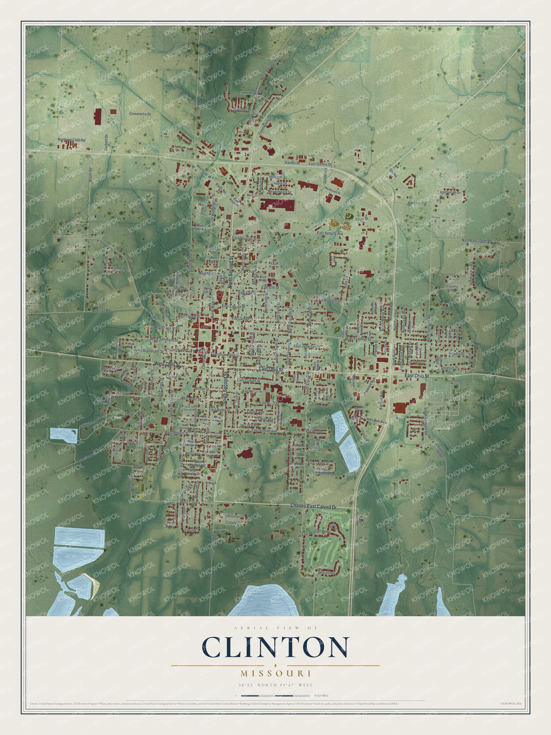 Full map of Clinton, Missouri, with red buildings, printed street names and the land around them