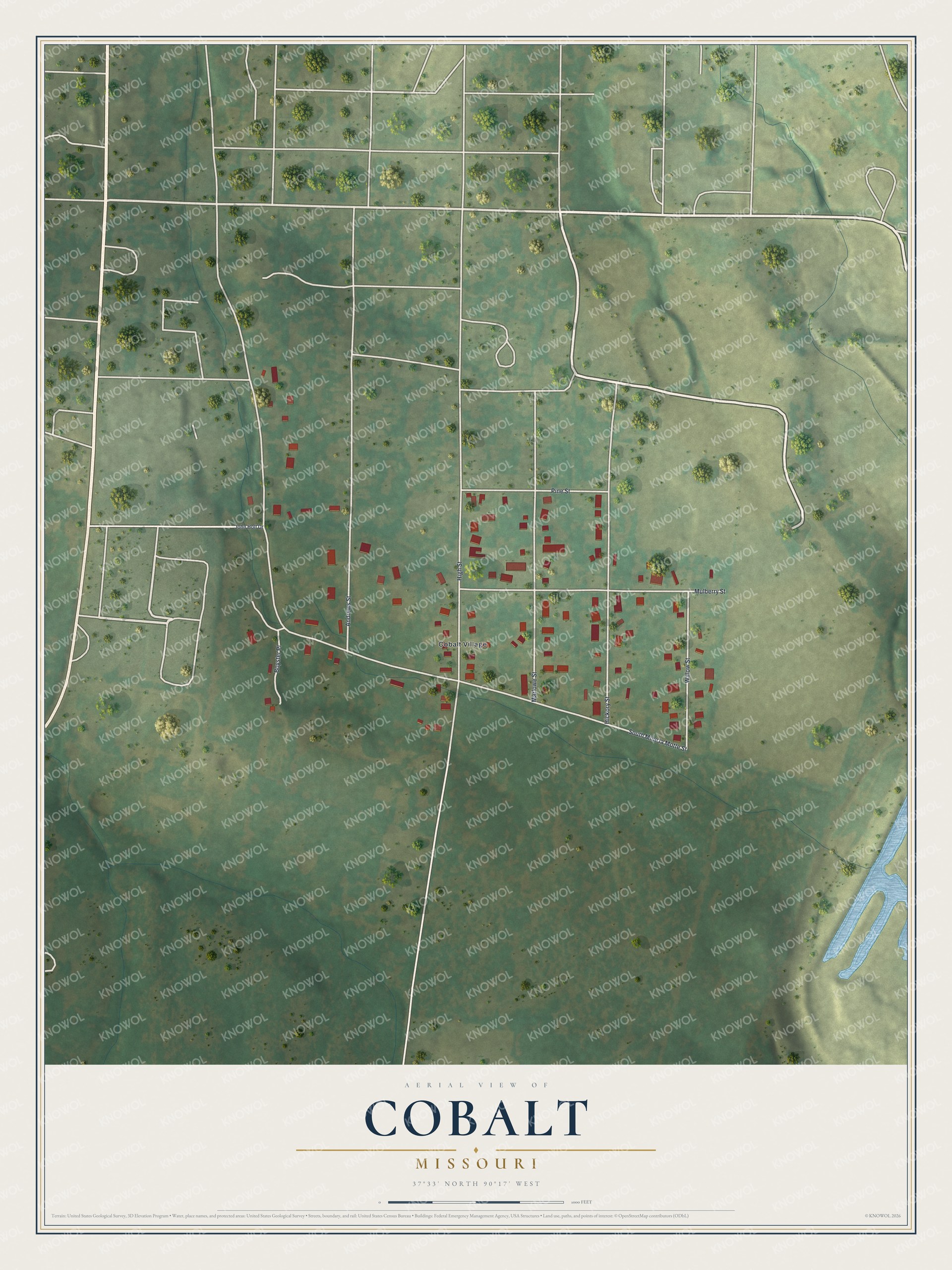 Full map of Cobalt, Missouri, with red buildings, printed street names and the land around them