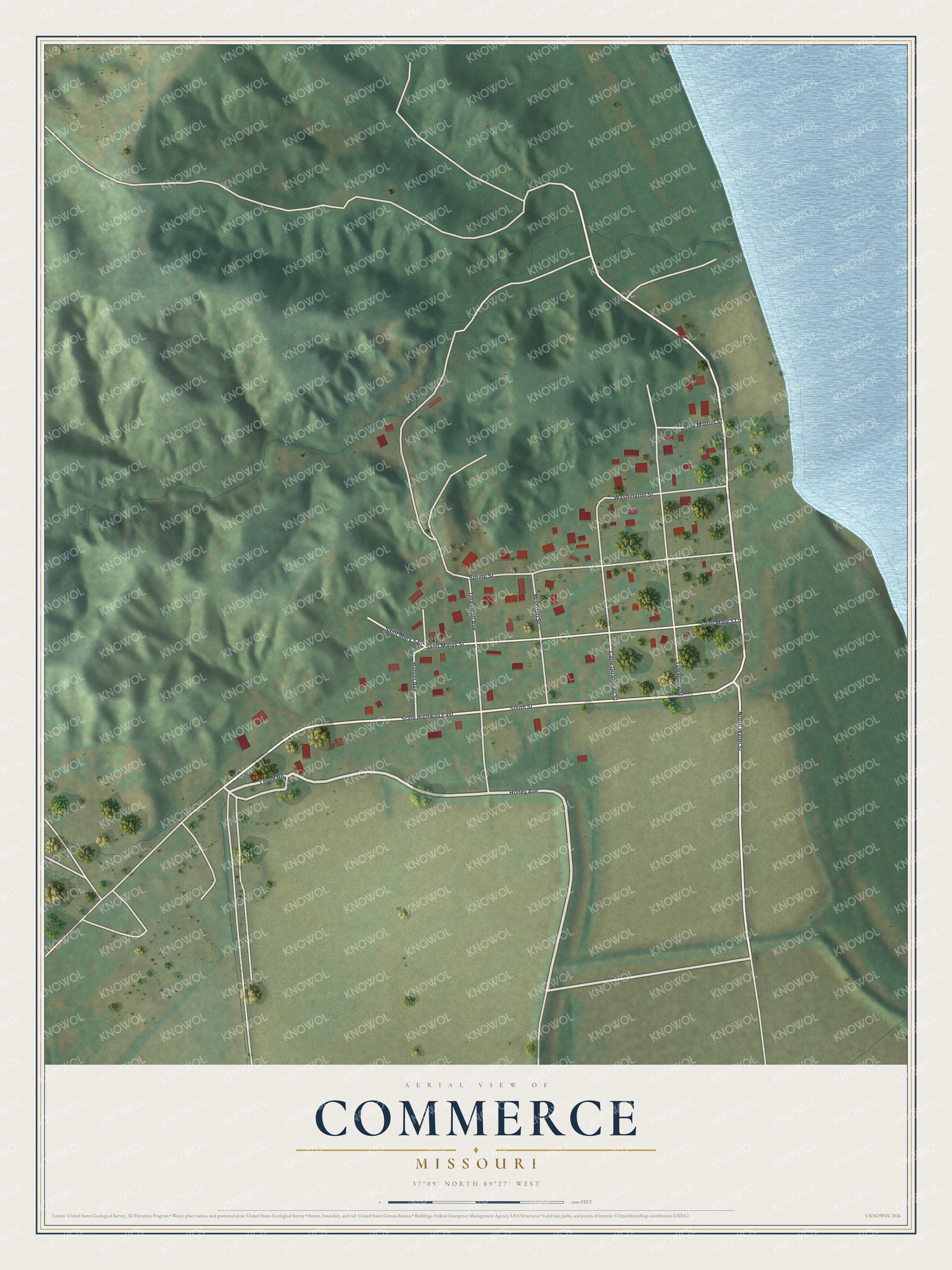 Aerial map of Commerce, Missouri, with a small street grid, red buildings, green hills, blue river, and cream title panel