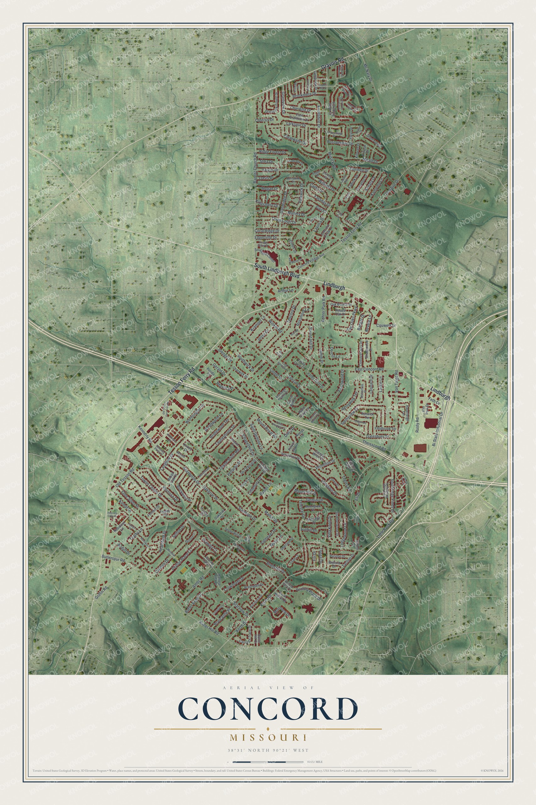 Full map of Concord, Missouri, with red buildings, printed street names and the land around them