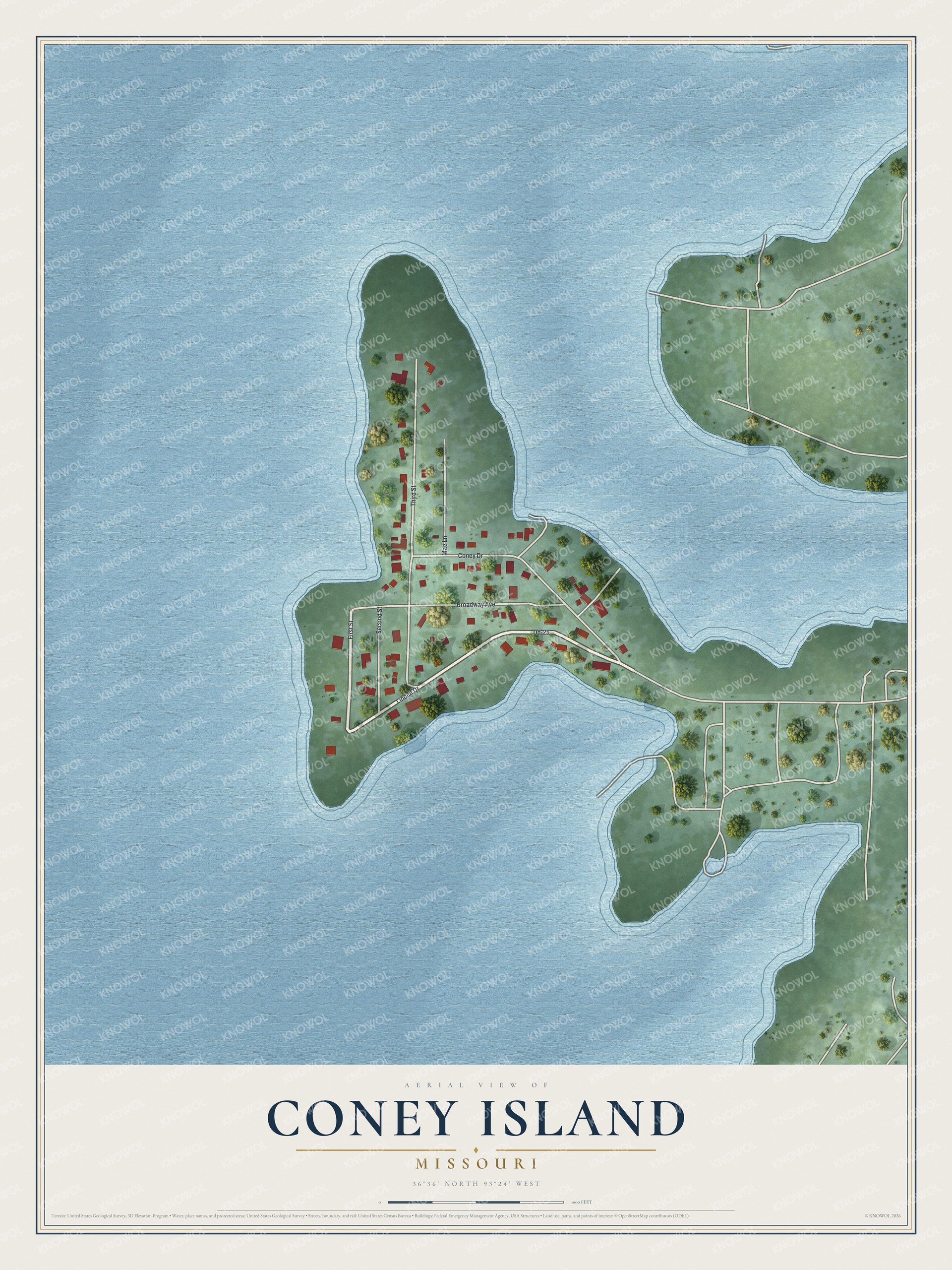 Full map of Coney Island, Missouri, with red buildings, printed street names and the land around them