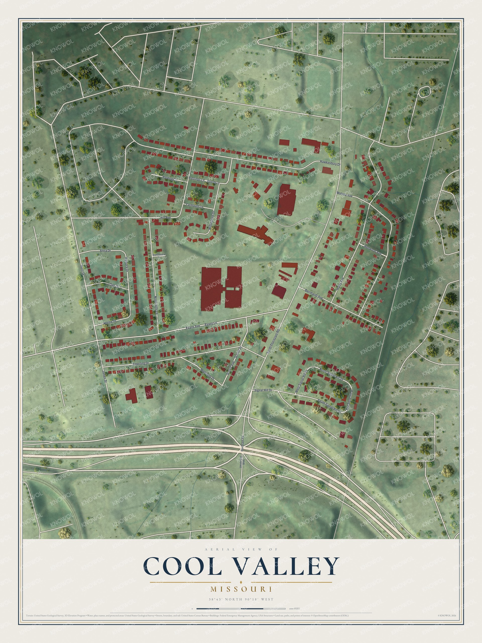 Full map of Cool Valley, Missouri, with red buildings, printed street names and the land around them