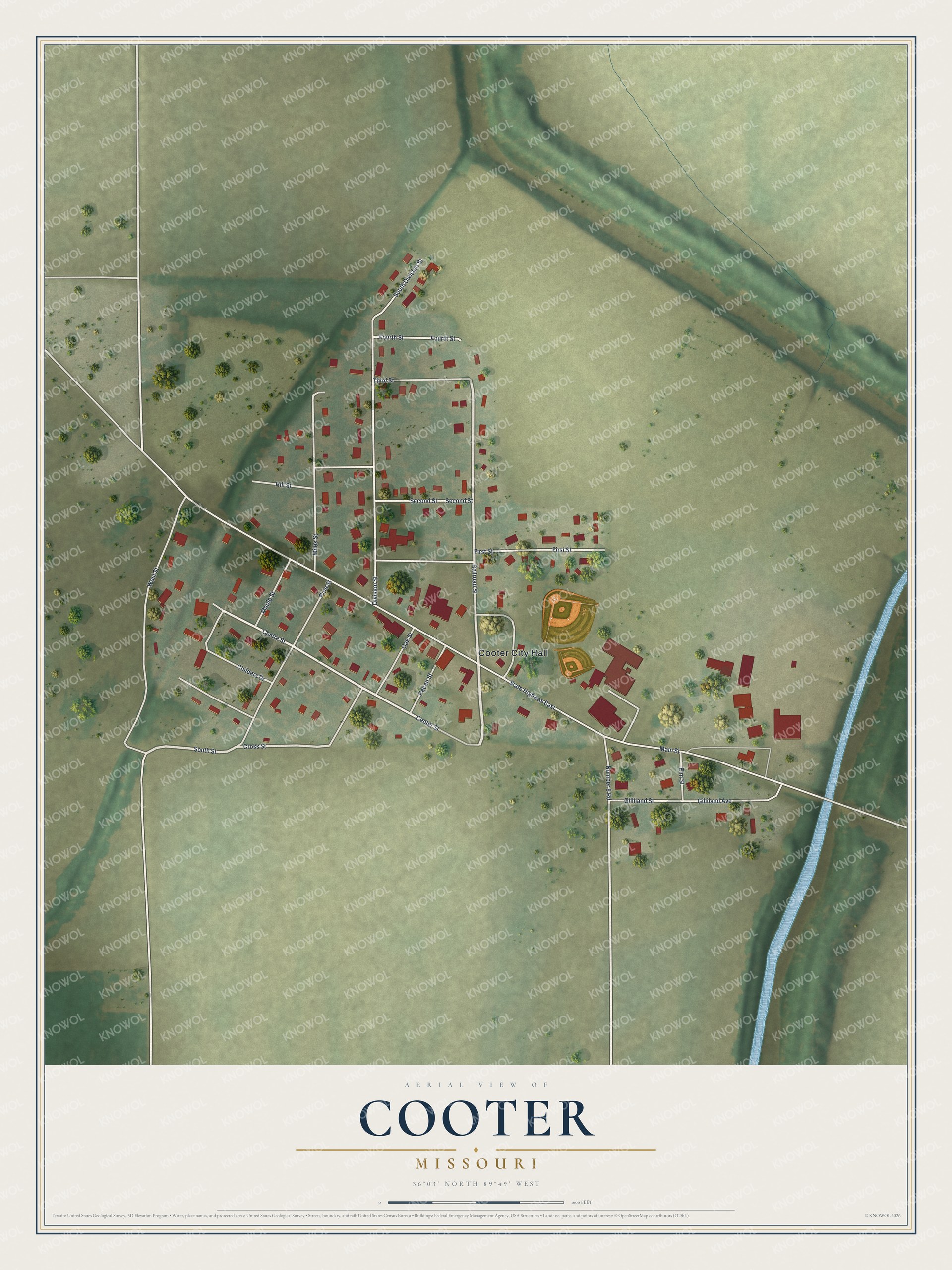Full map of Cooter, Missouri, with red buildings, printed street names and the land around them