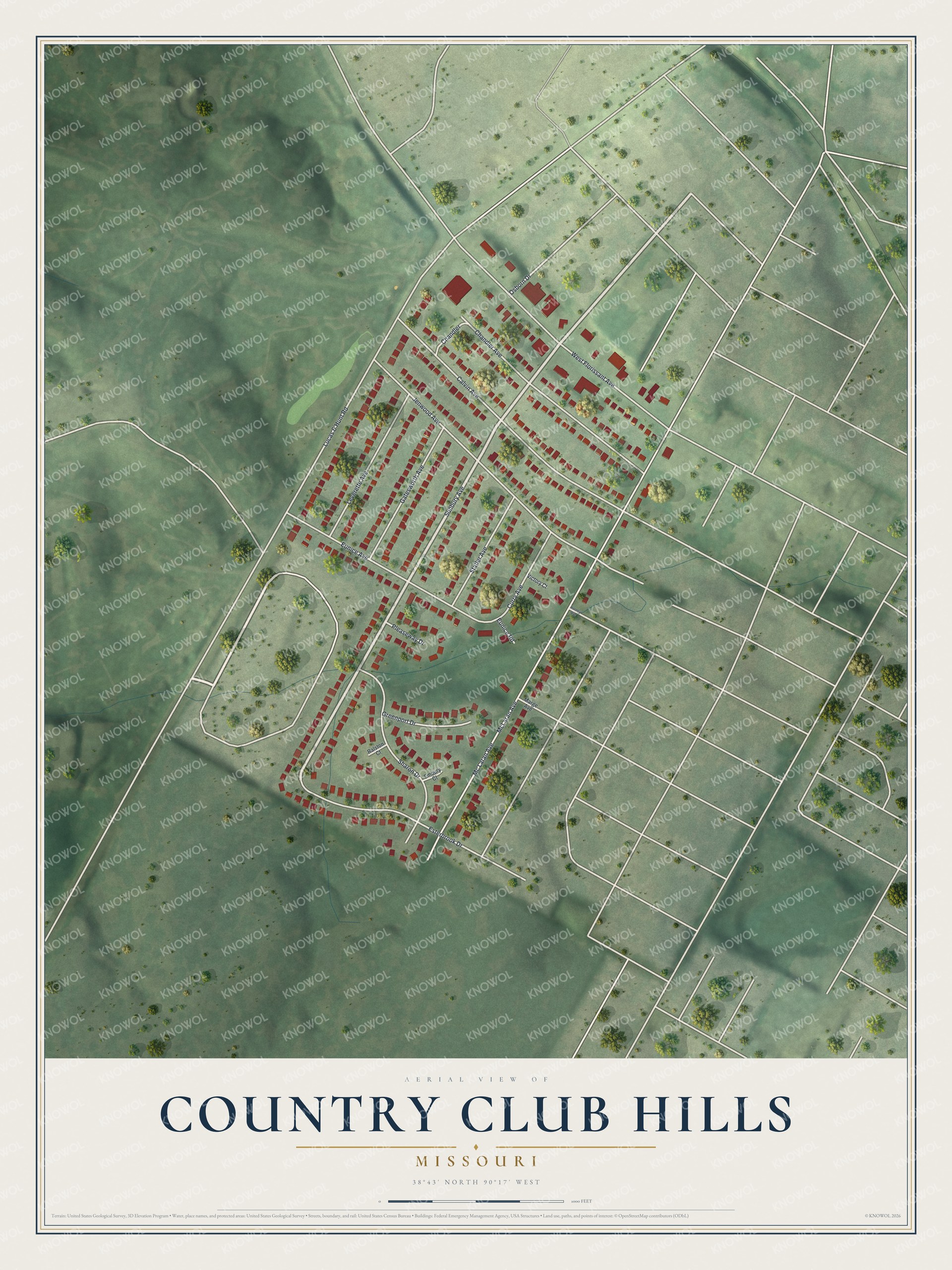 Full map of Country Club Hills, Missouri, with red buildings, printed street names and the land around them