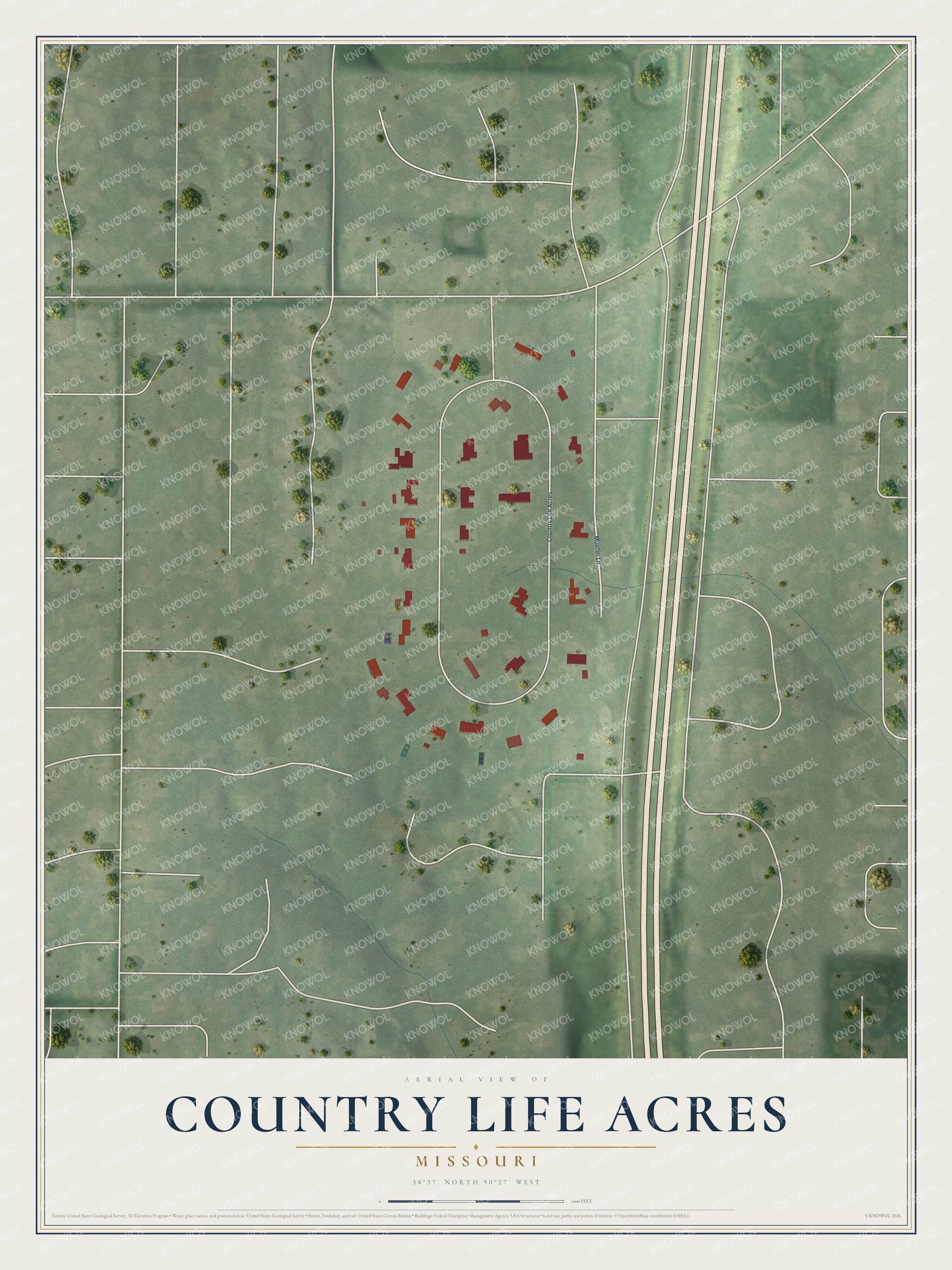 Full map of Country Life Acres, Missouri, with red buildings, printed street names and the land around them