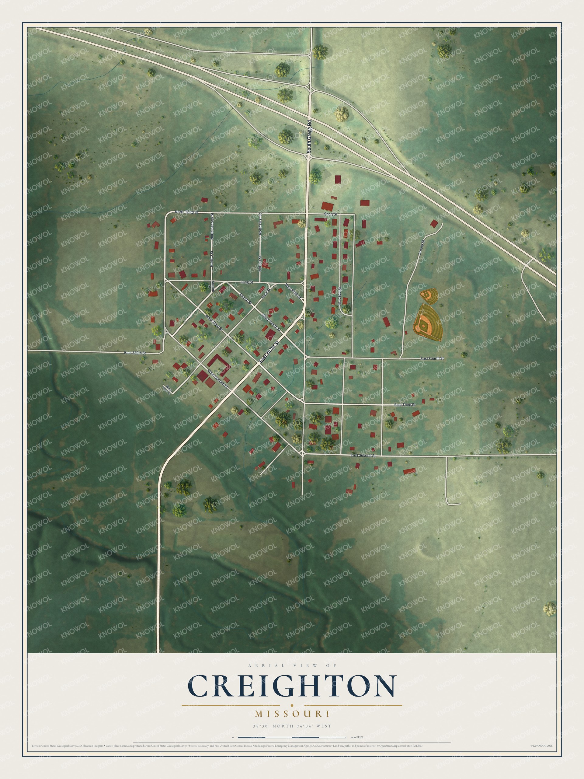 Full map of Creighton, Missouri, with red buildings, printed street names and the land around them