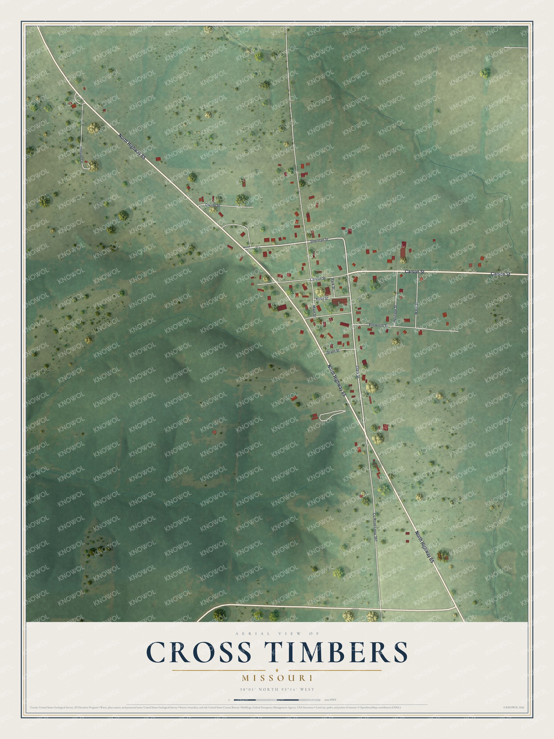 Full map of Cross Timbers, Missouri, with red buildings, printed street names and the land around them