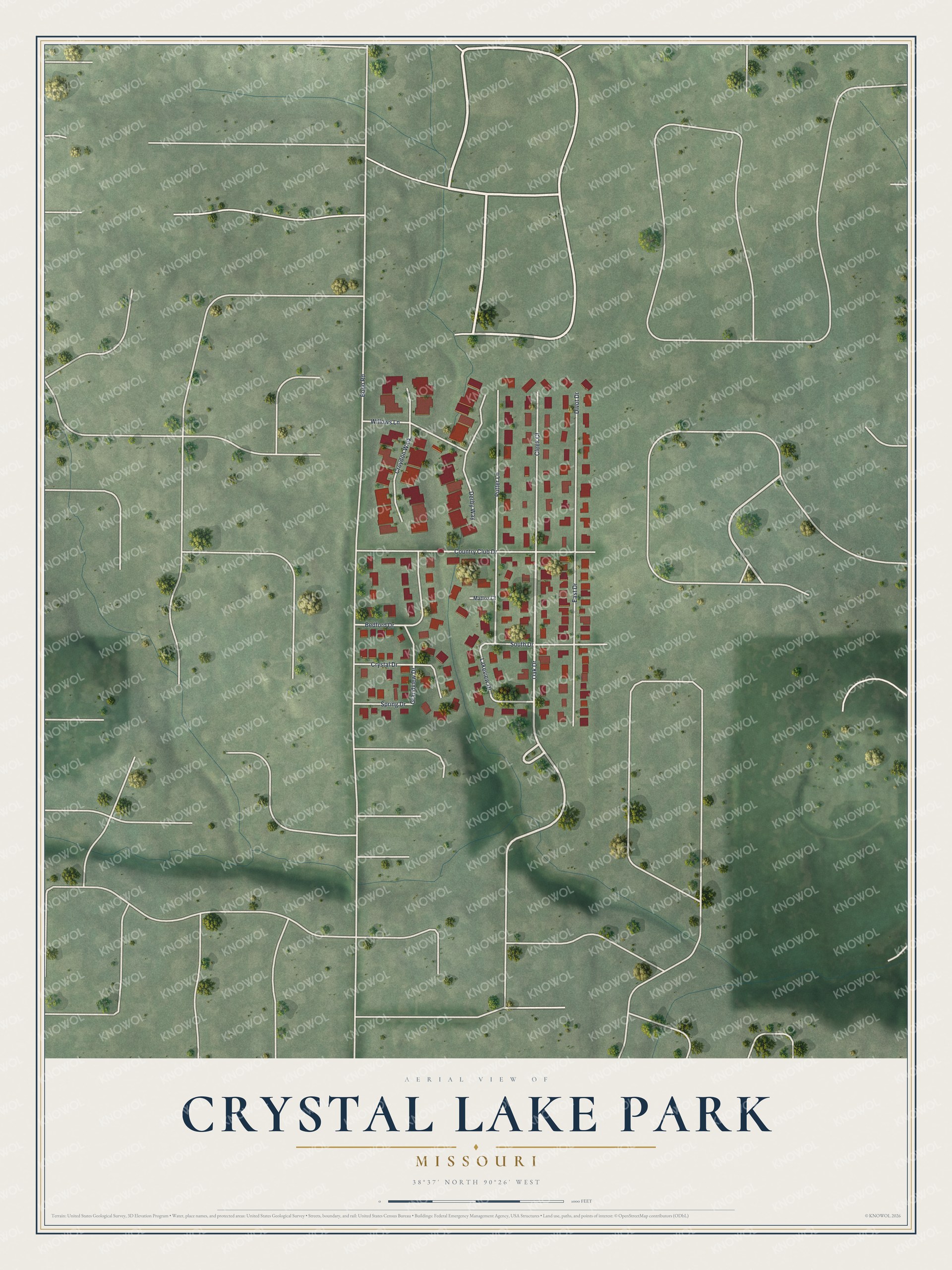 Full map of Crystal Lake Park, Missouri, with red buildings, printed street names and the land around them