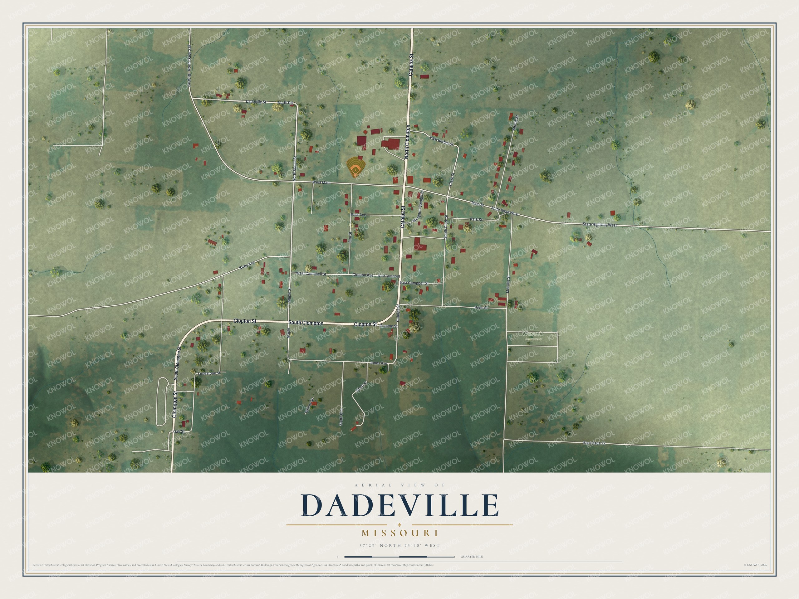Full map of Dadeville, Missouri, with red buildings, printed street names and the land around them