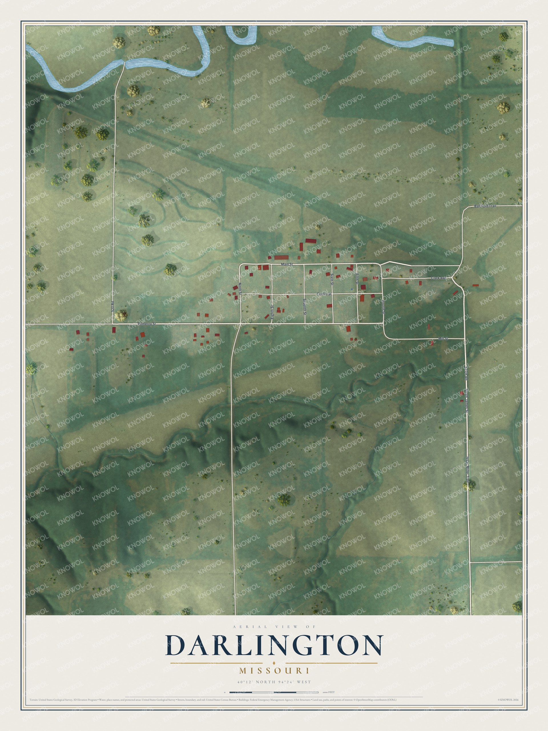 Full map of Darlington, Missouri, with red buildings, printed street names and the land around them