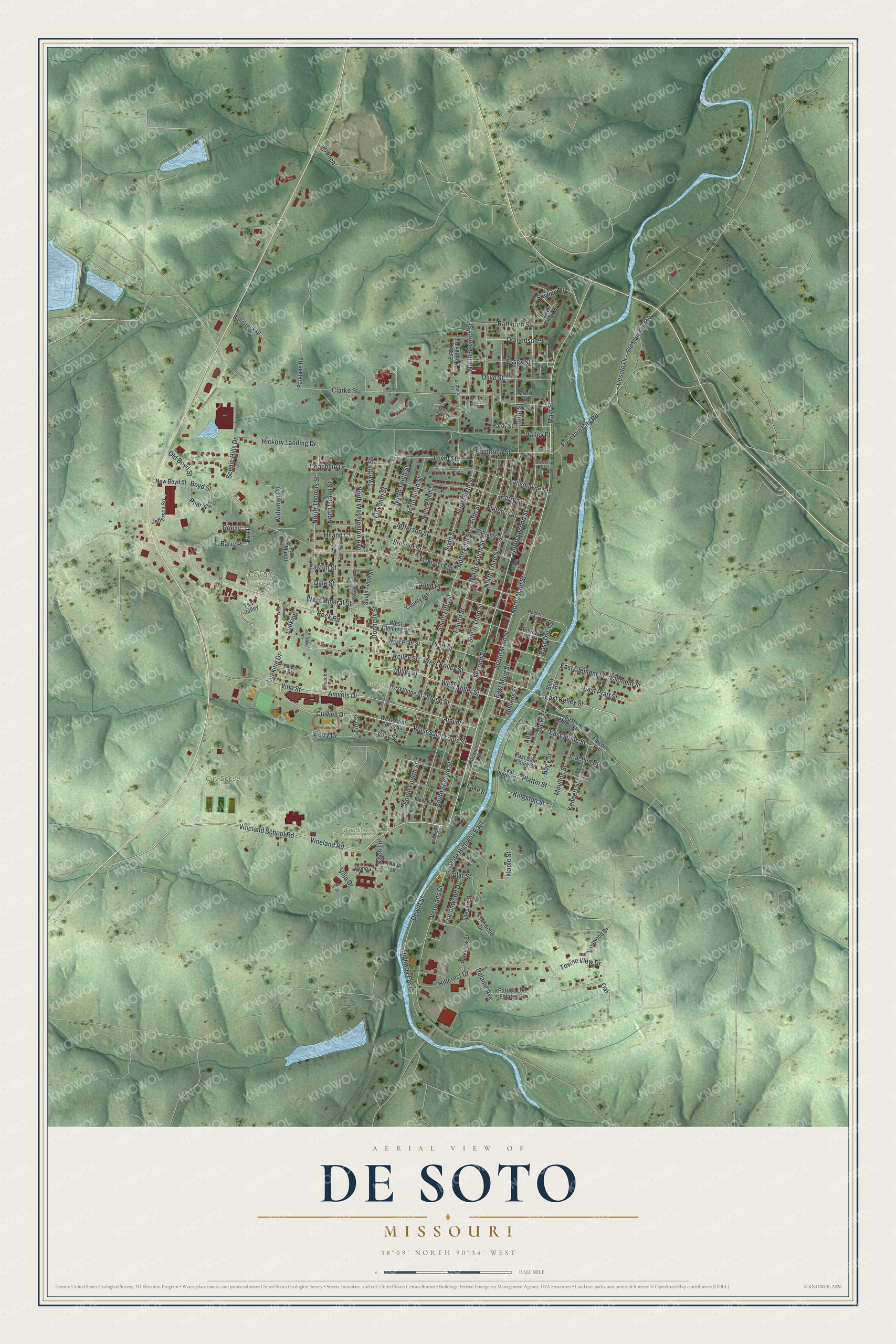 Full aerial map of De Soto, Missouri, with red buildings, green shaded hills, a winding blue creek, and a cream title panel