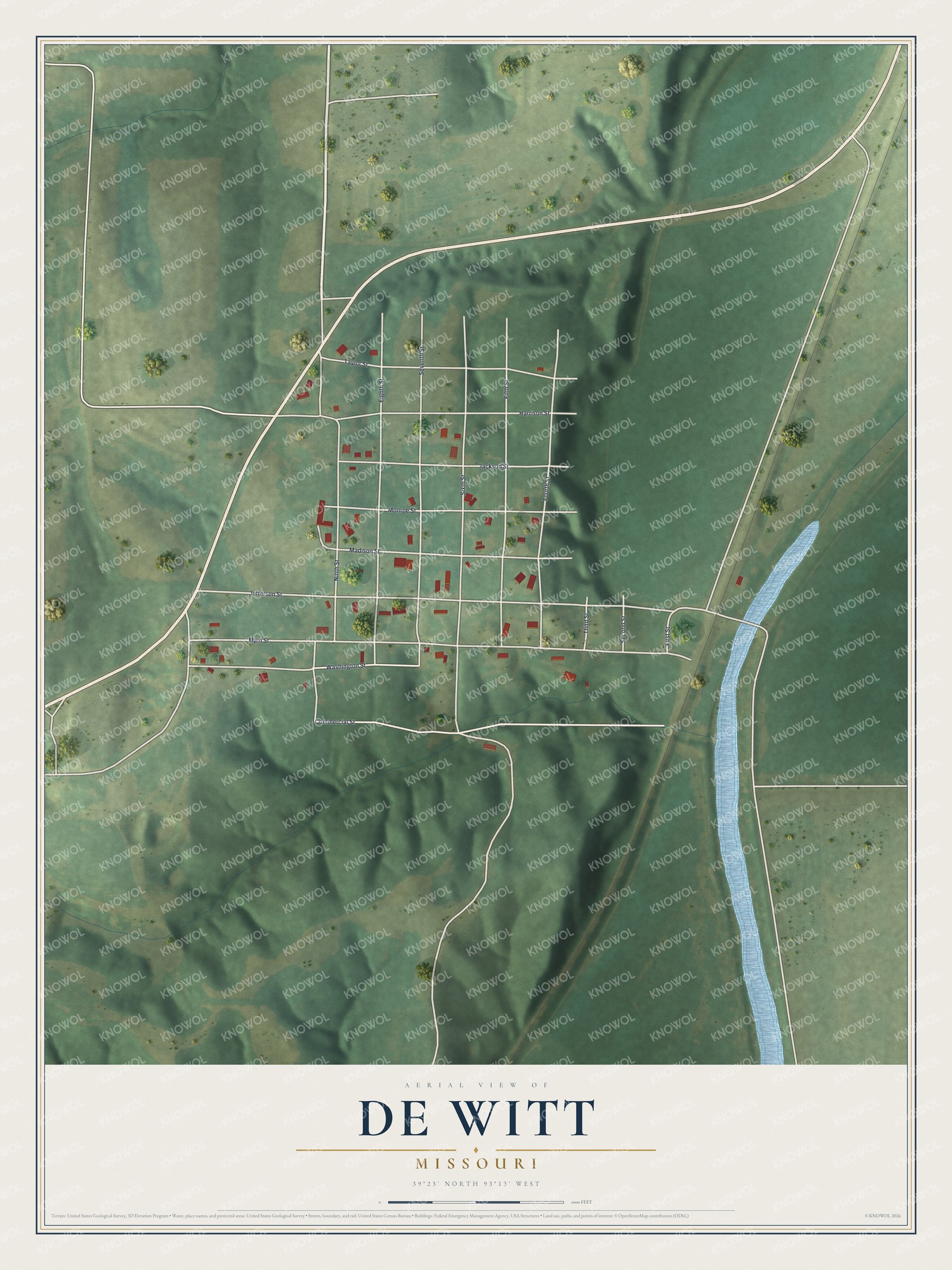 Full map of De Witt, Missouri, with red buildings, printed street names and the land around them