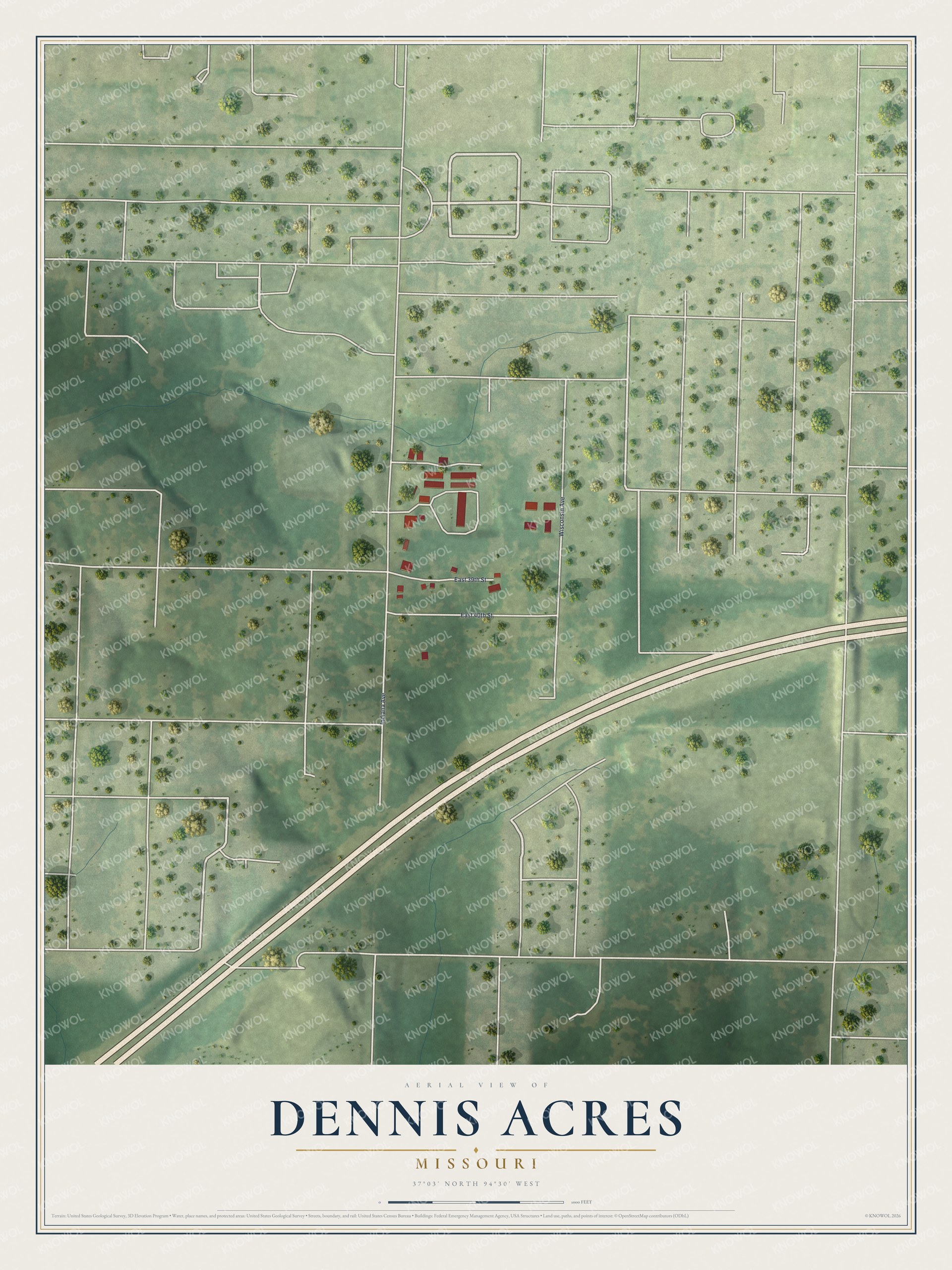 Full map of Dennis Acres, Missouri, with red buildings, printed street names and the land around them