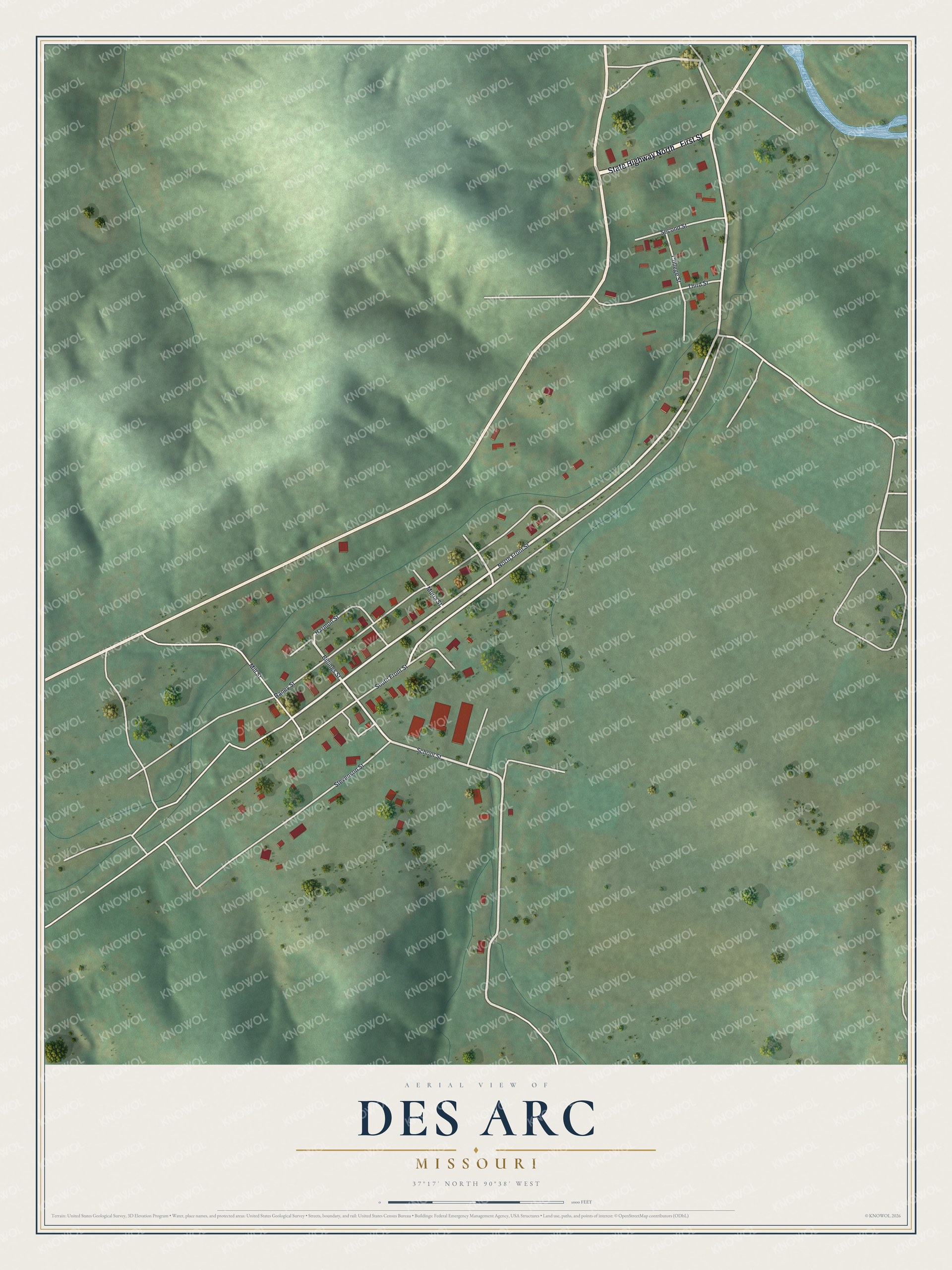 Full map of Des Arc, Missouri, with red buildings, printed street names and the land around them