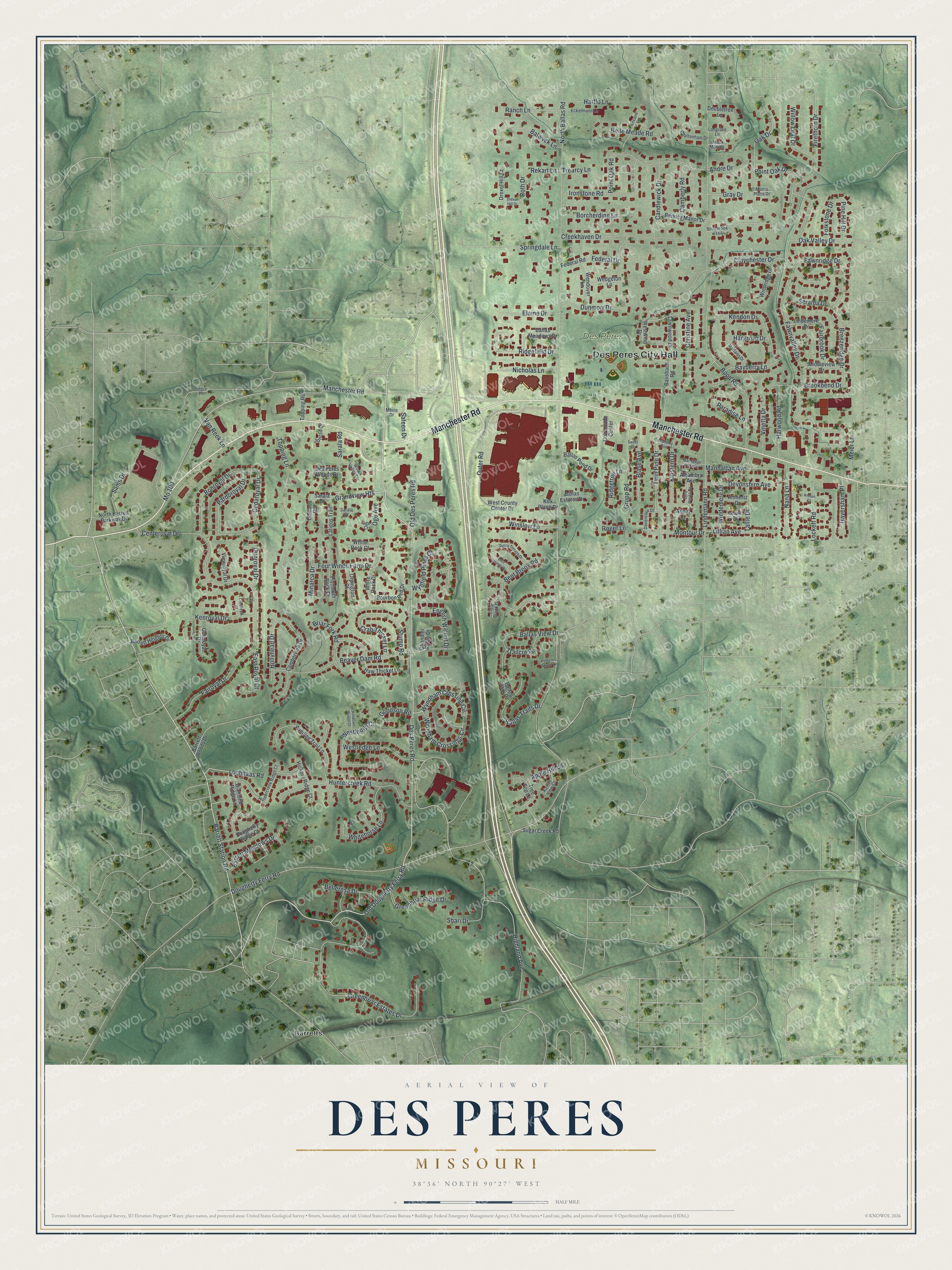 Full Des Peres, Missouri map with red buildings, green terrain, Manchester Road, and a cream title panel