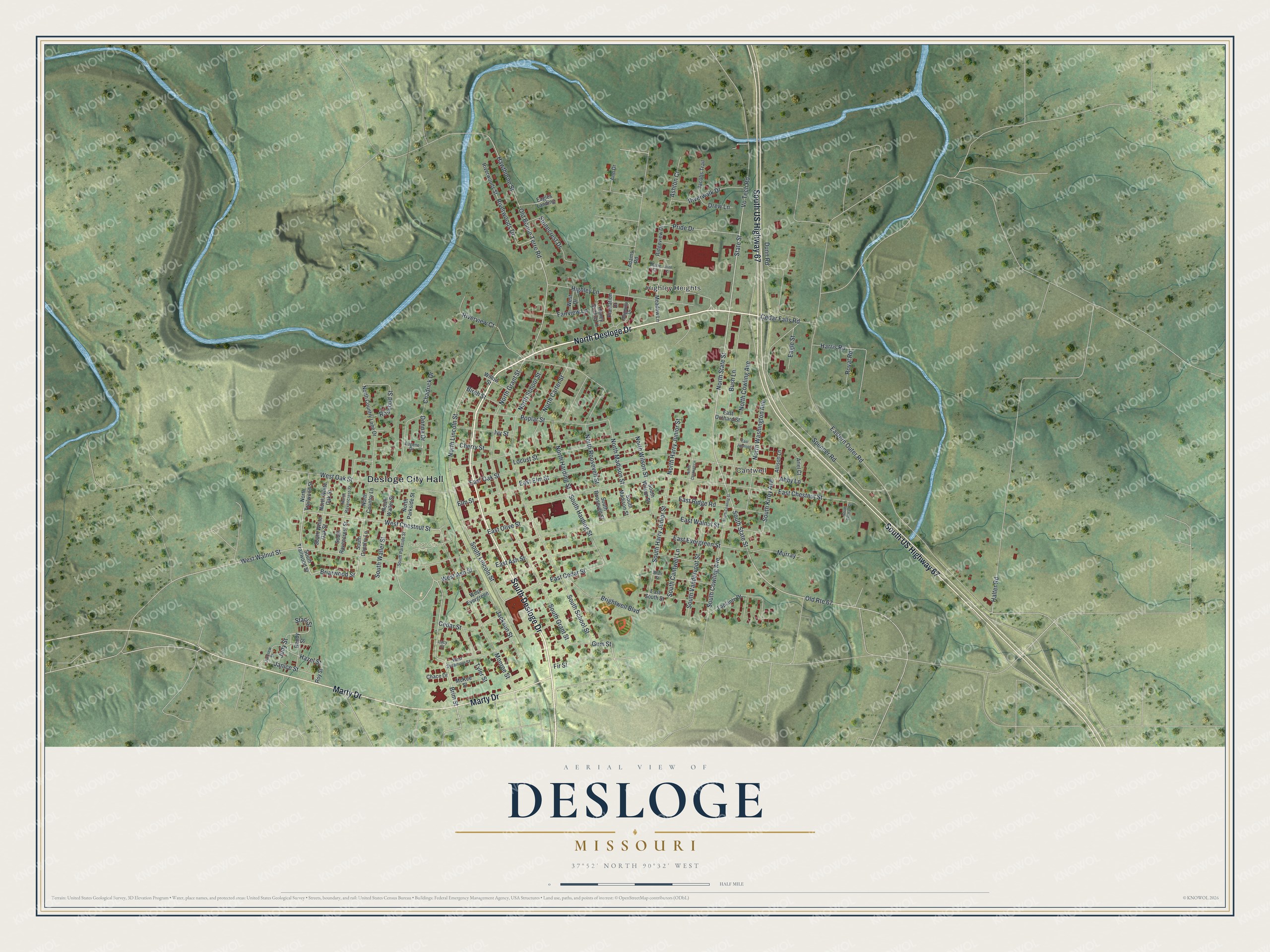 Full map of Desloge, Missouri, with red buildings, printed street names and the land around them