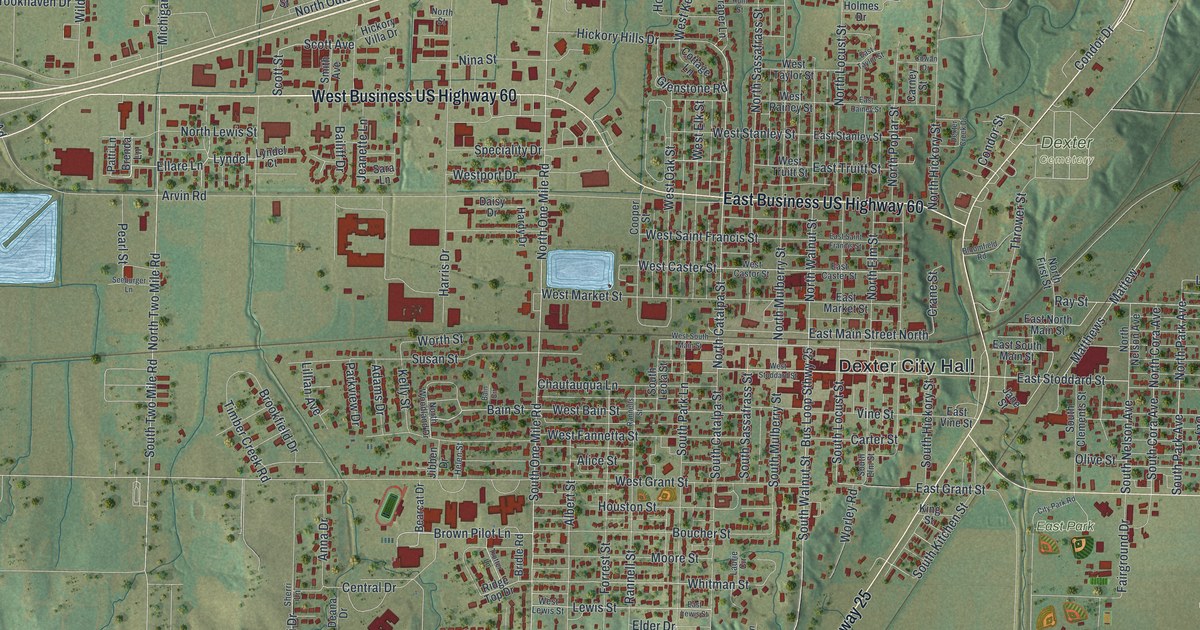 Map of Dexter, Missouri in 2026