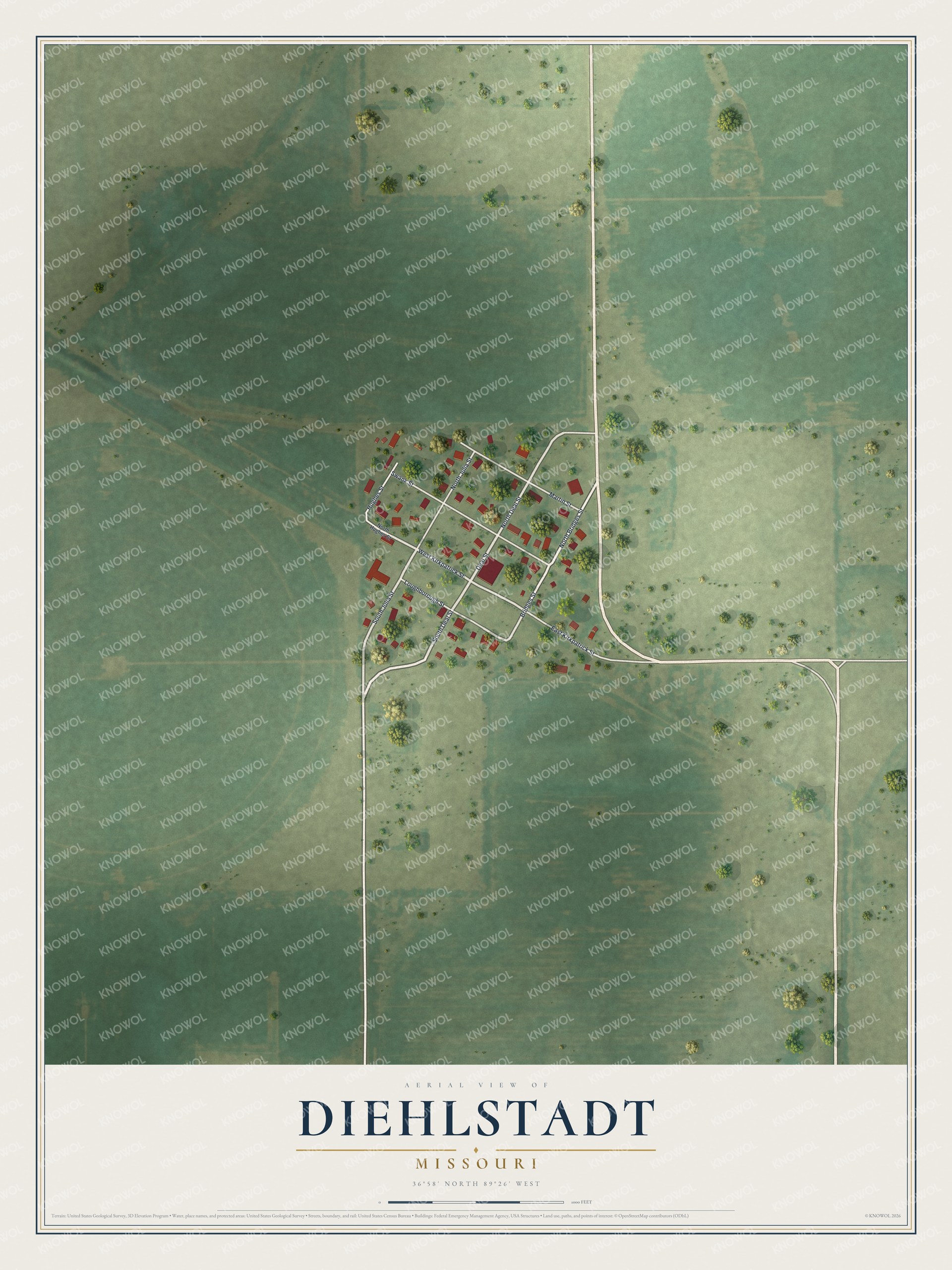 Full map of Diehlstadt, Missouri, with red buildings, printed street names and the land around them