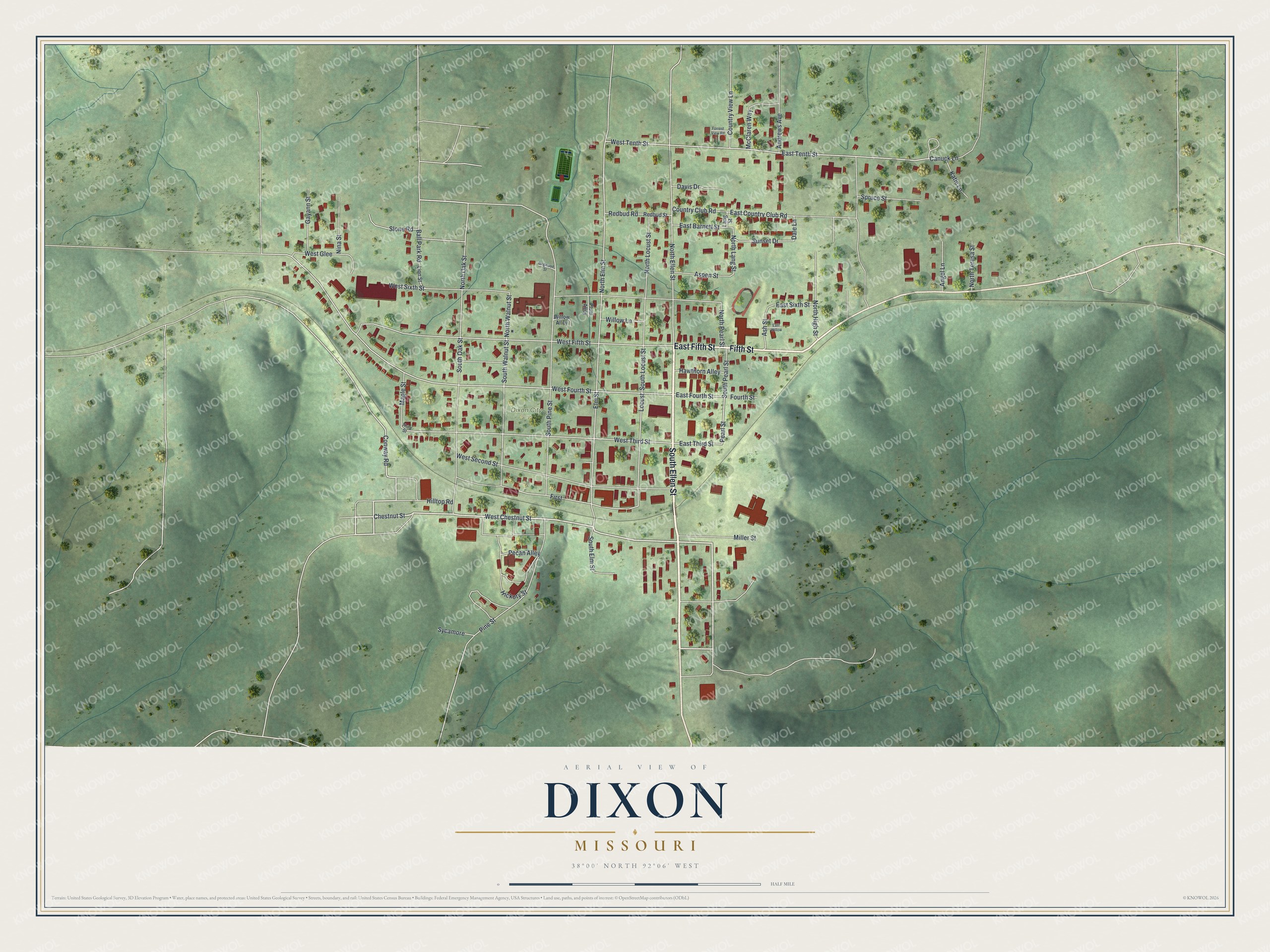 Full map of Dixon, Missouri, with red buildings, printed street names and the land around them