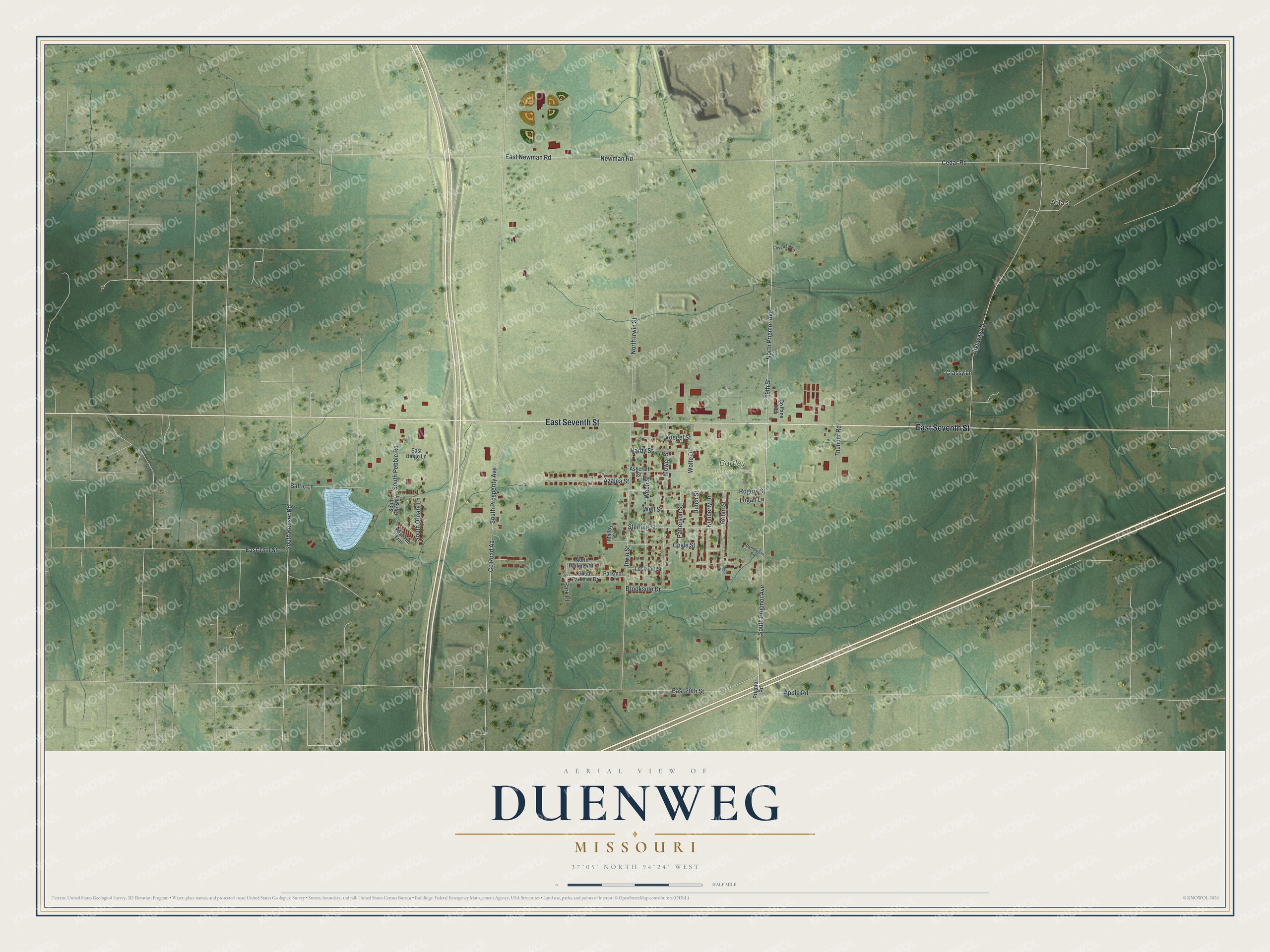 Full map of Duenweg, Missouri, with red buildings, printed street names and the land around them