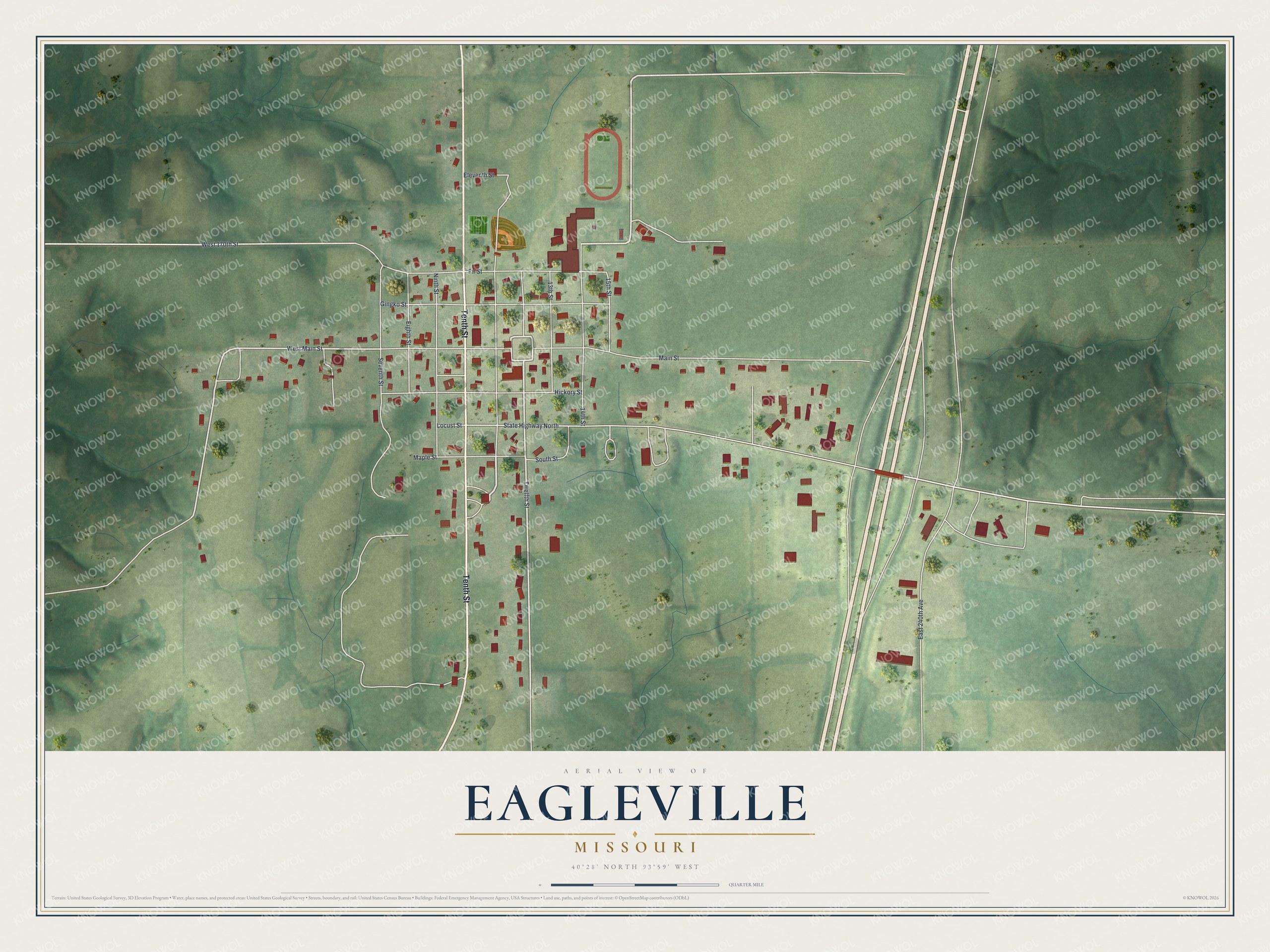 Aerial map of Eagleville, Missouri, with a grid of streets and red buildings among green farm hills and a divided highway on the right